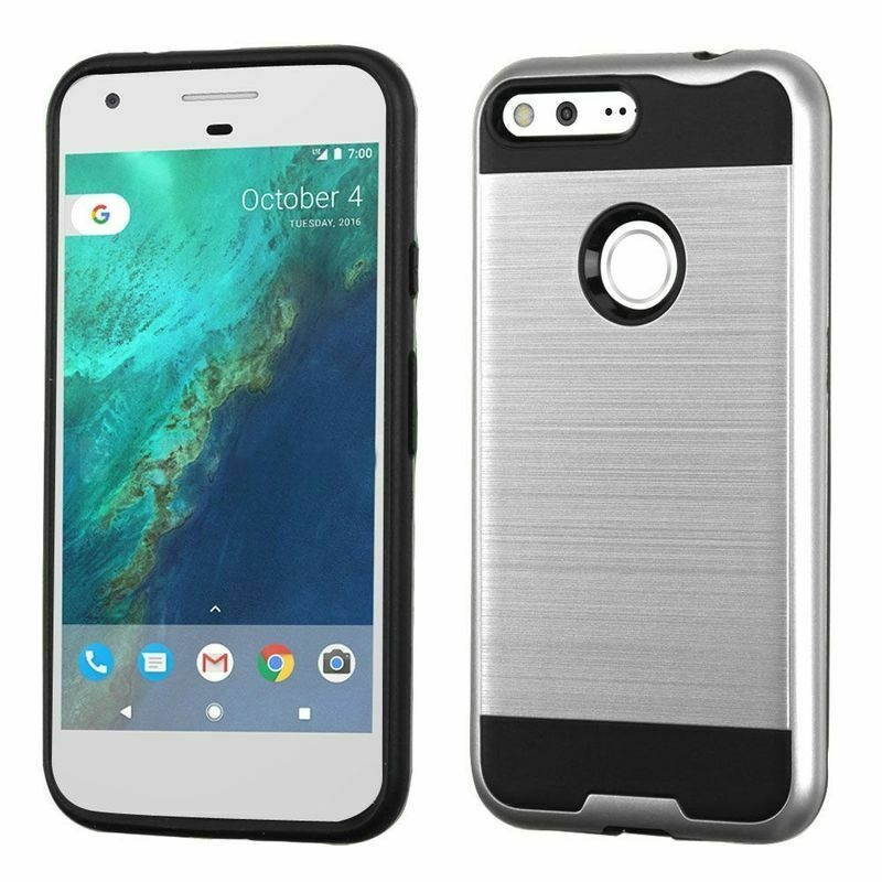 For Google Pixel XL Brushed Metal HYBRID Rubber Hard Case Phone Cover Silver