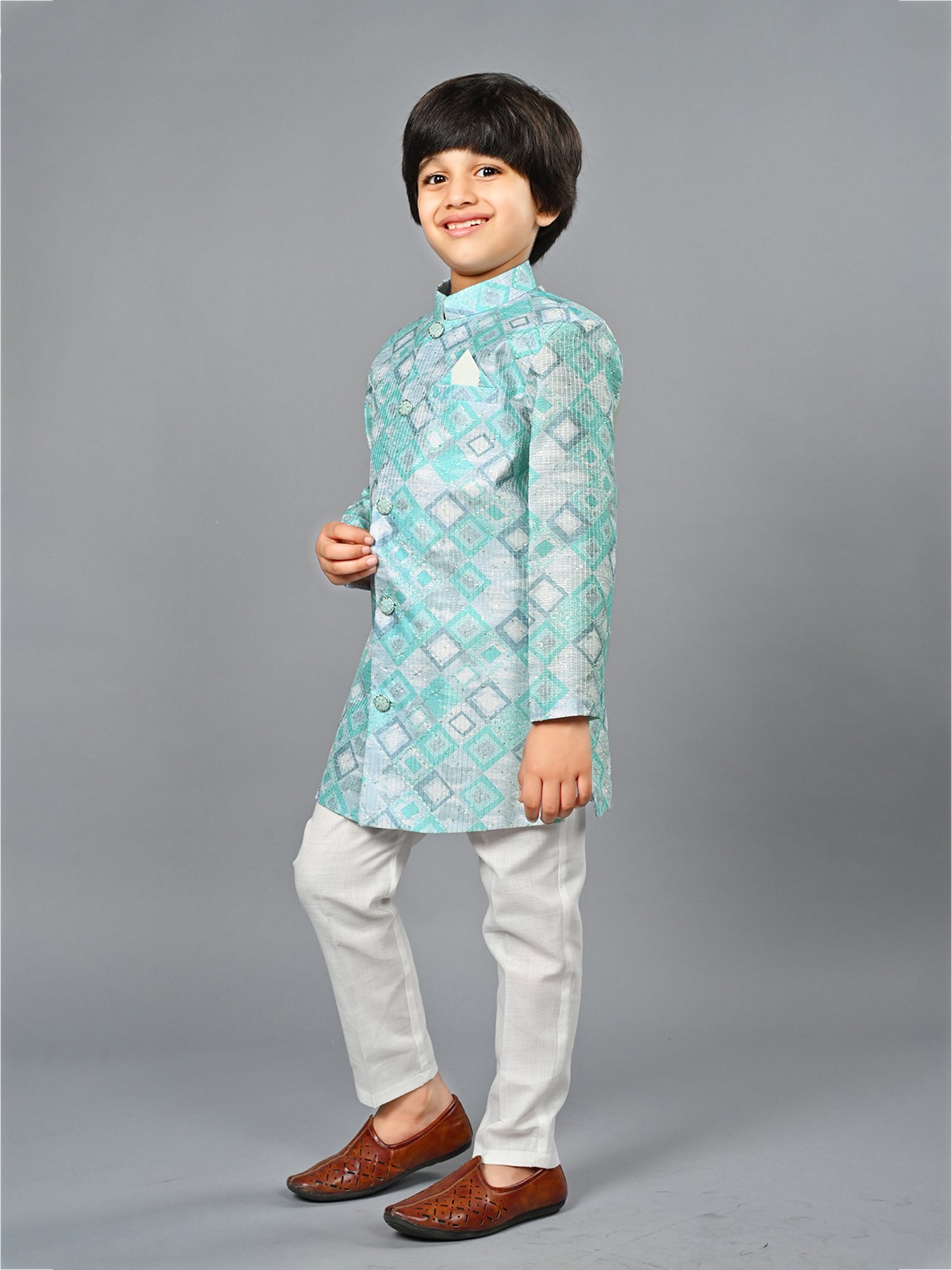 Ahhaaaa Kids Blue & White Embellished Full Sleeves Sherwani With Pyjamas