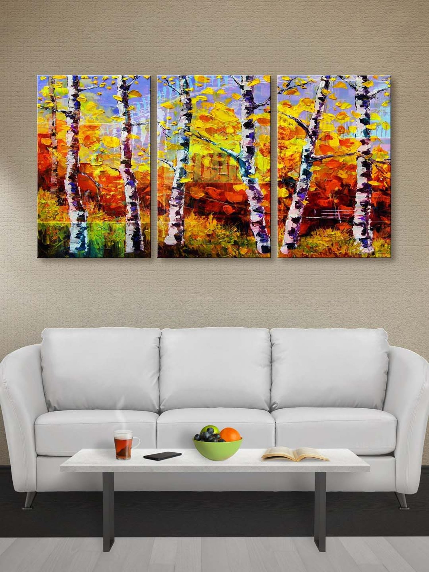 999Store Yellow & Brown Colourful Tree Art 3 Frame Canvas Paintings