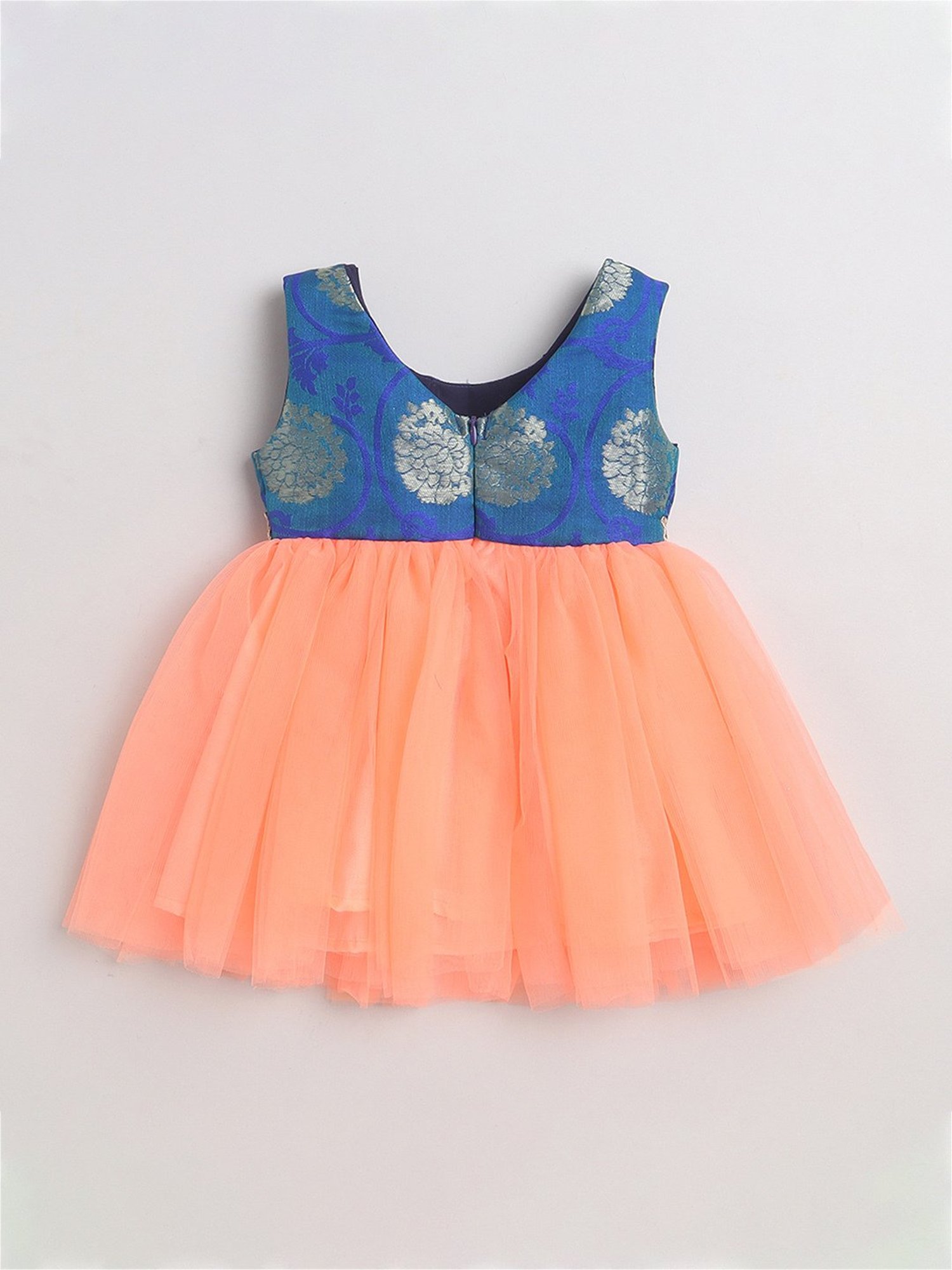 Many Frocks Kids Blue & Peach Self Design Dress