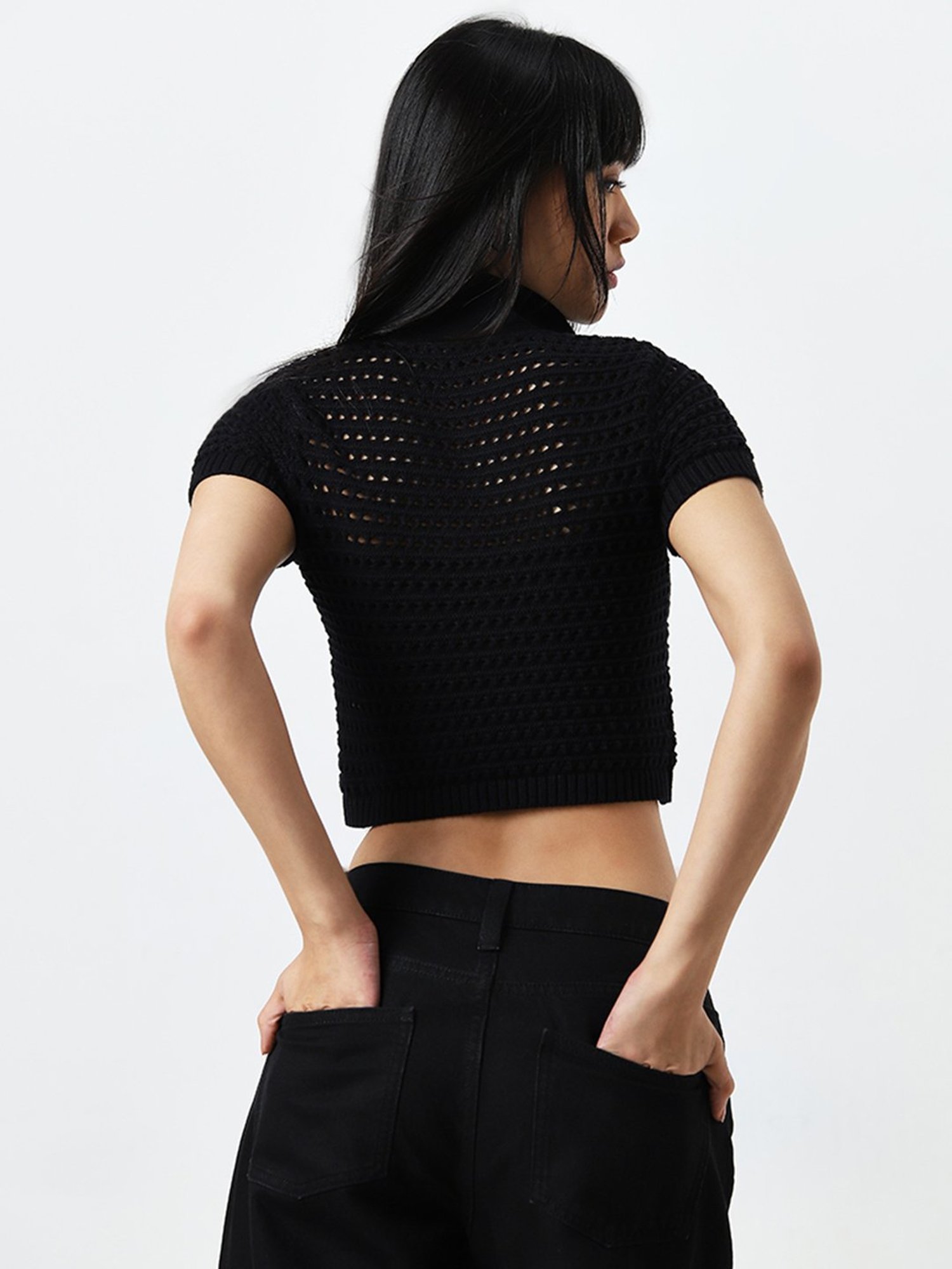 Nuon by Westside Black Crochet Detailed Cotton Top