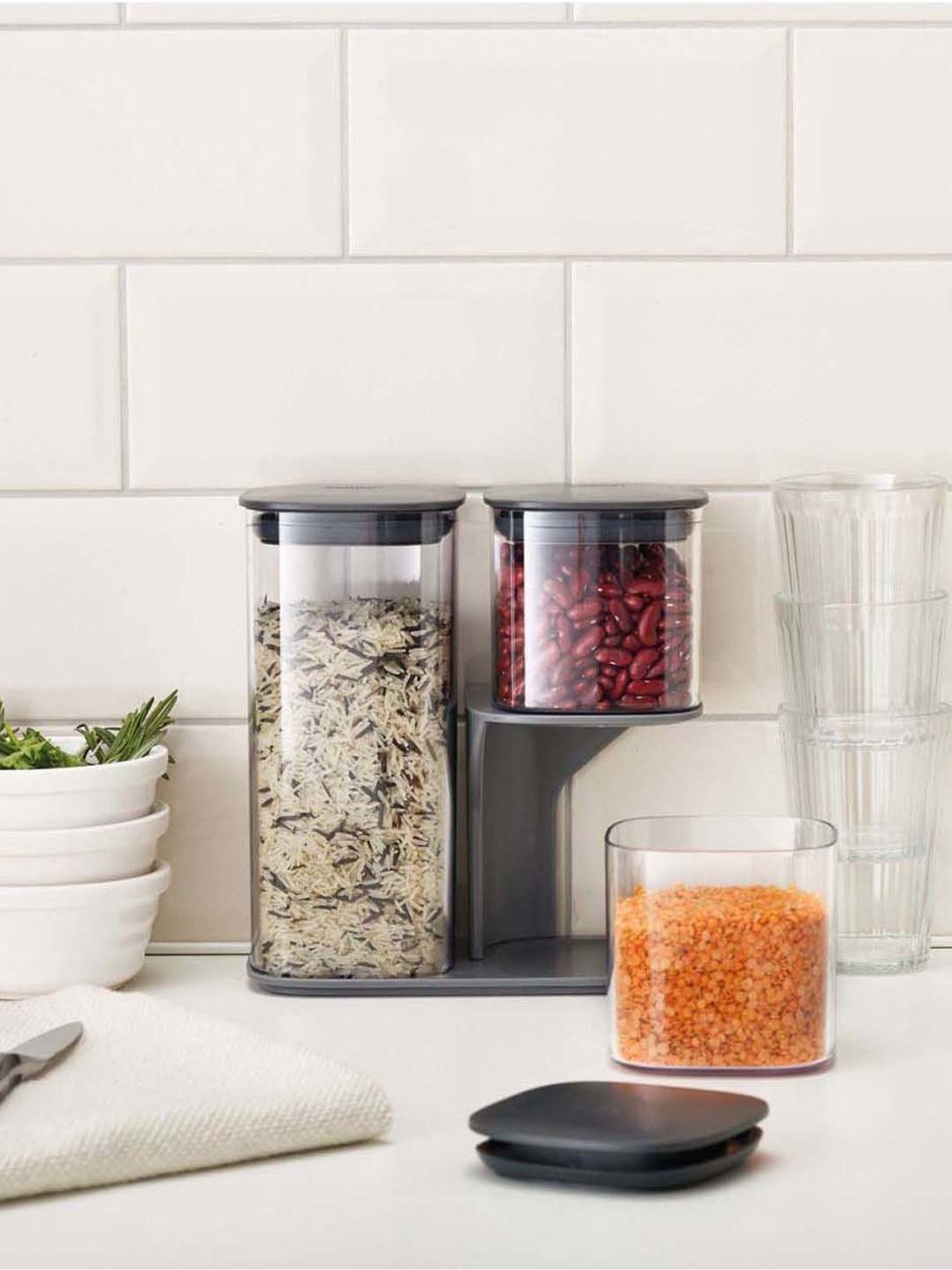 Joseph Joseph Transparent & White Plastic Storage Jar With Stand - Set of 3