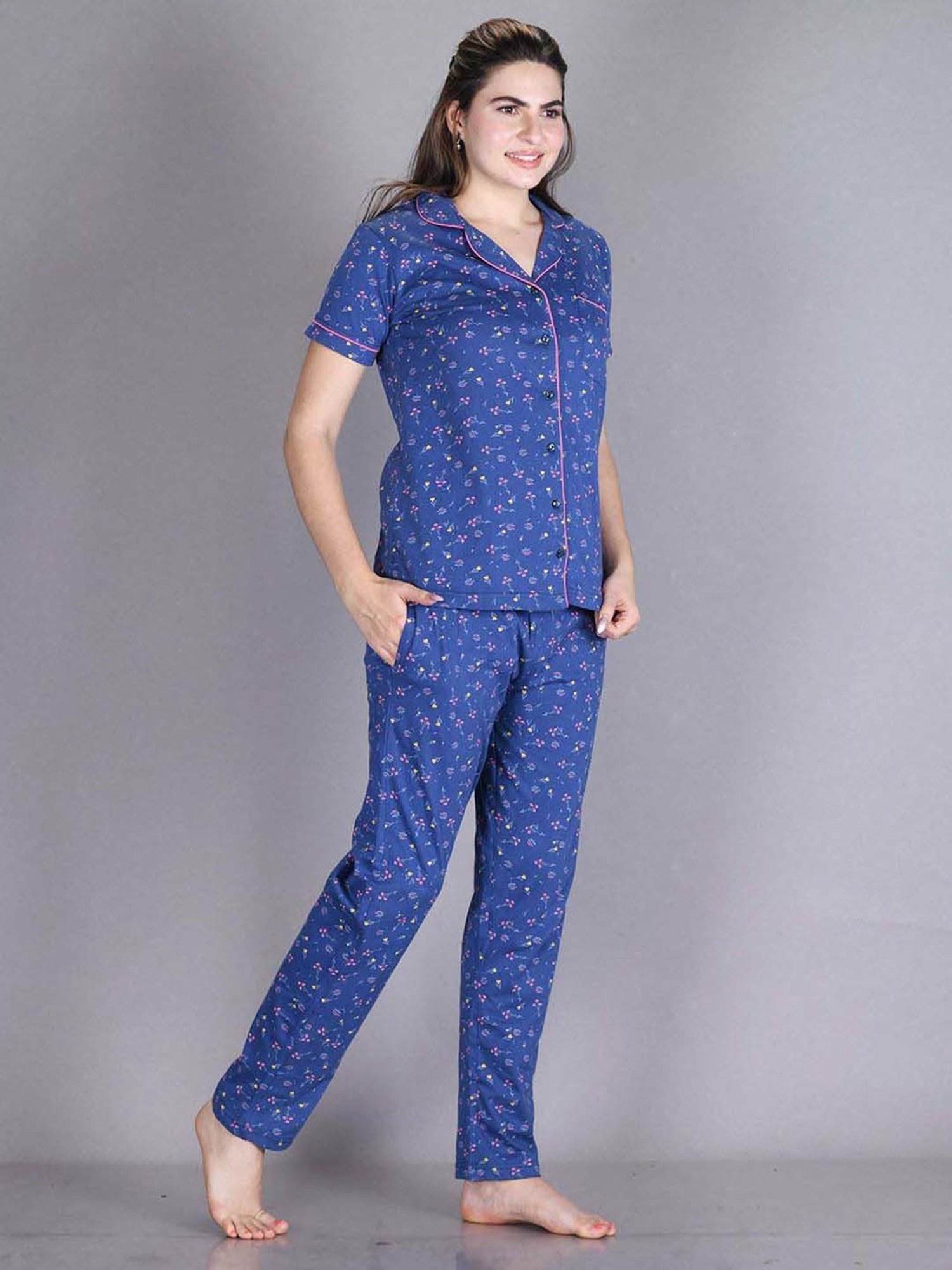 Lyra Indigo Blue Cotton Printed Shirt Pyjama Set