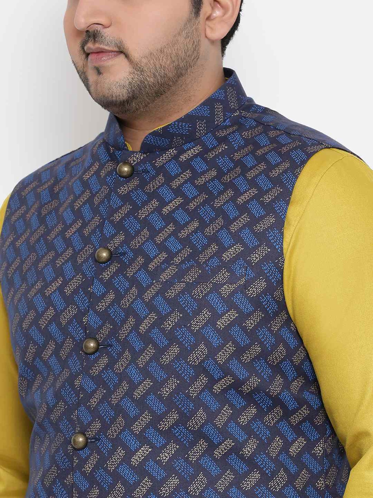 KISAH PLUS Navy & Mustard Regular Fit Printed Kurta Set With Jacket