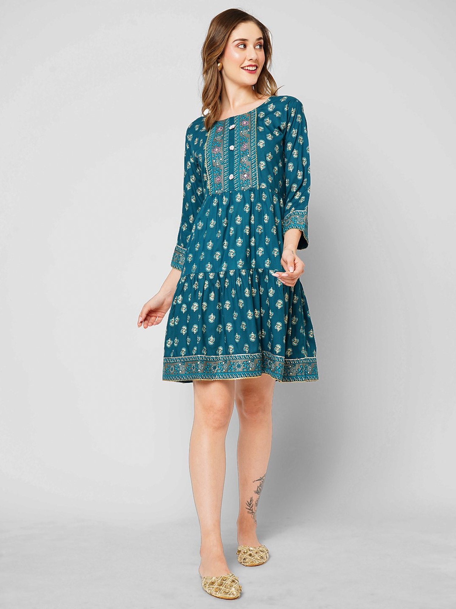 KIANA Blue Printed A-Line Dress