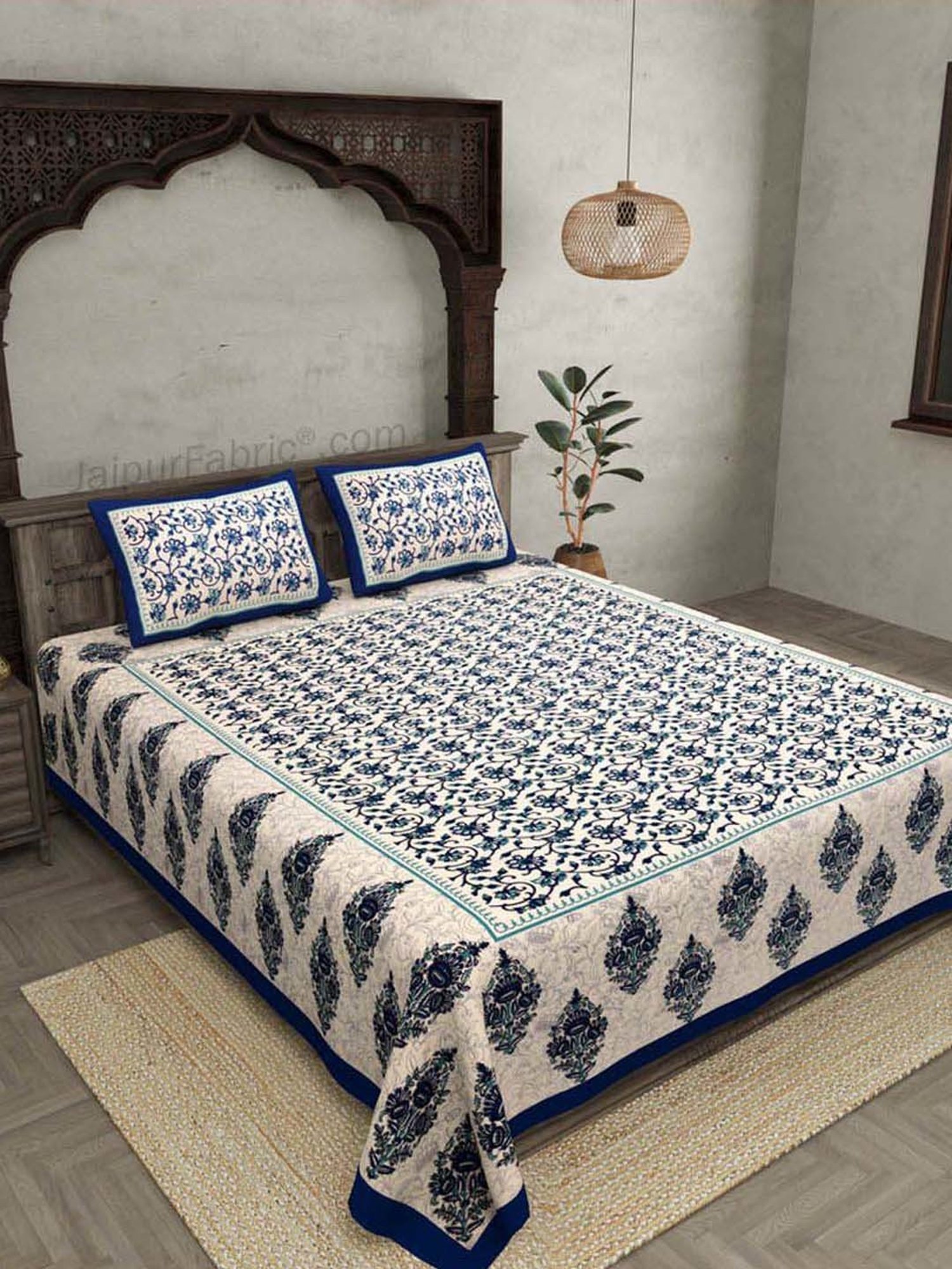JaipurFabric Blue 100% Pure Cotton 150 TC Double Bedsheet with 2 Pillow Covers