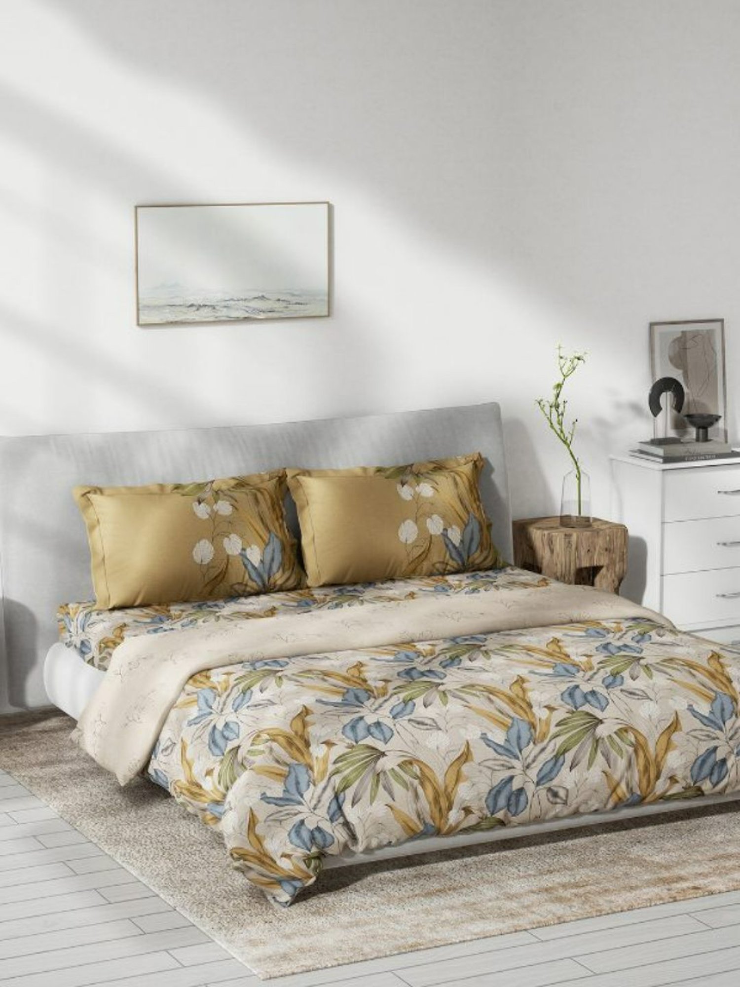 Living Roots Printed Grey 300 TC Cotton Single Diwan - Set of 8