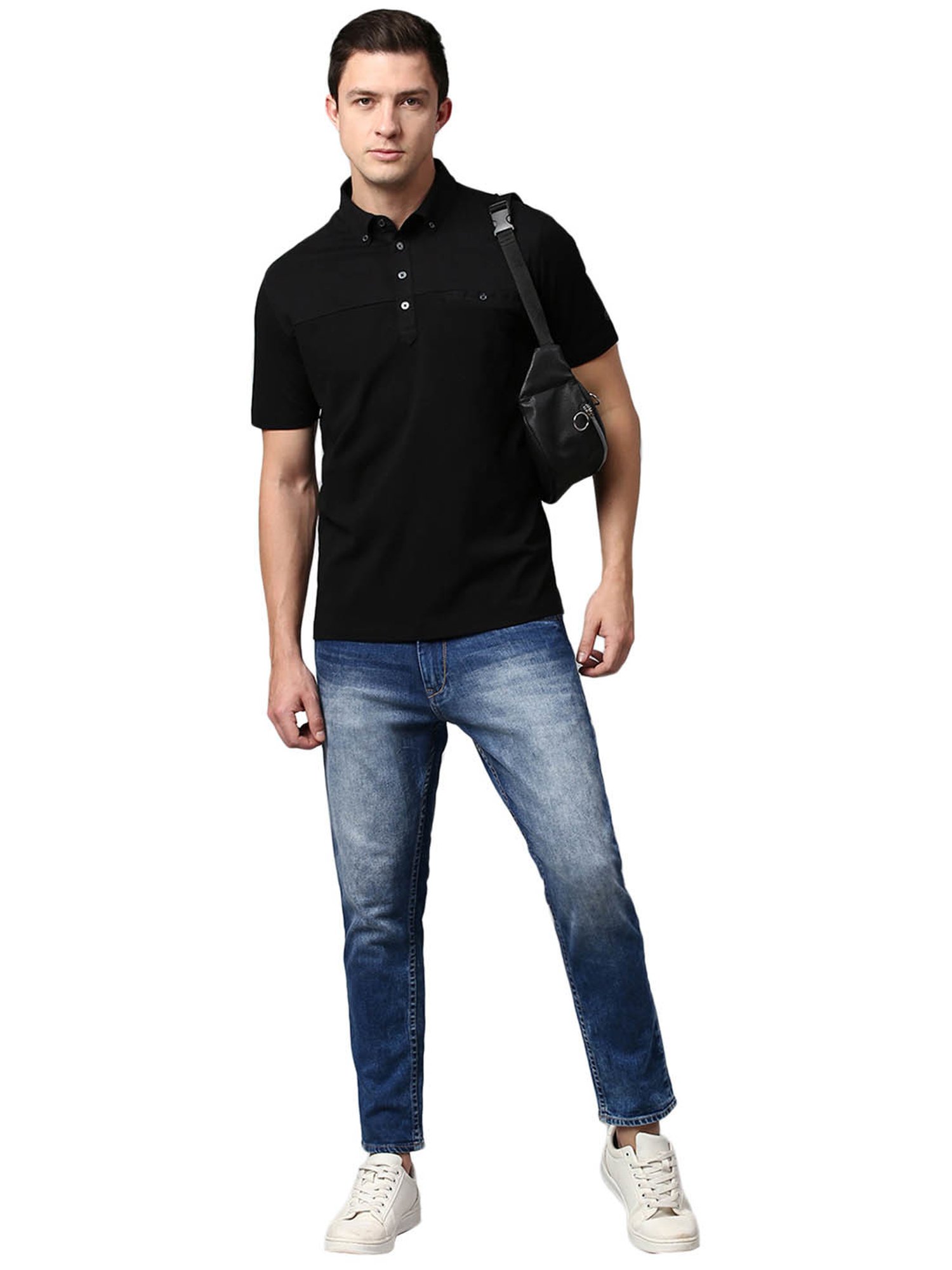 Slowave Black Cotton Regular Fit Polo T-Shirt