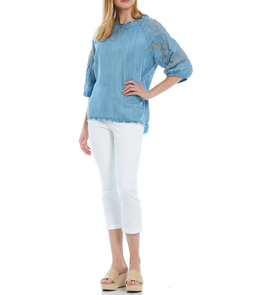 Tru Luxe Jeans Denim Embroidered Sleeve Frayed Hem Top