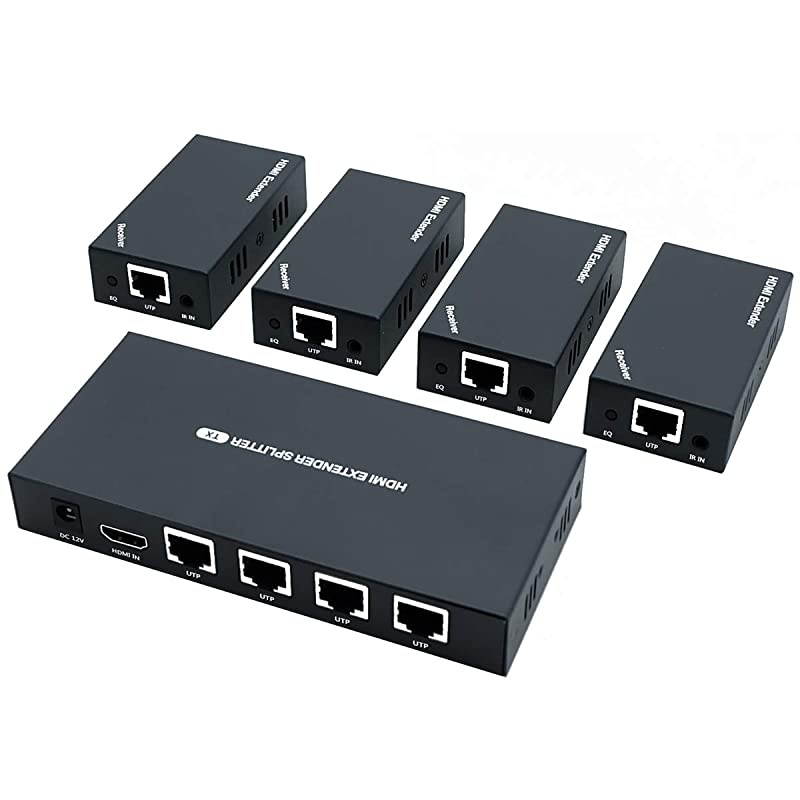 Extender Splitter with IR 1x4 1080P Over Ethernet Cable Cat 5E/6/7 Up to 50m (165ft) Support EDID Copy POC Function (1 in 4 Out)