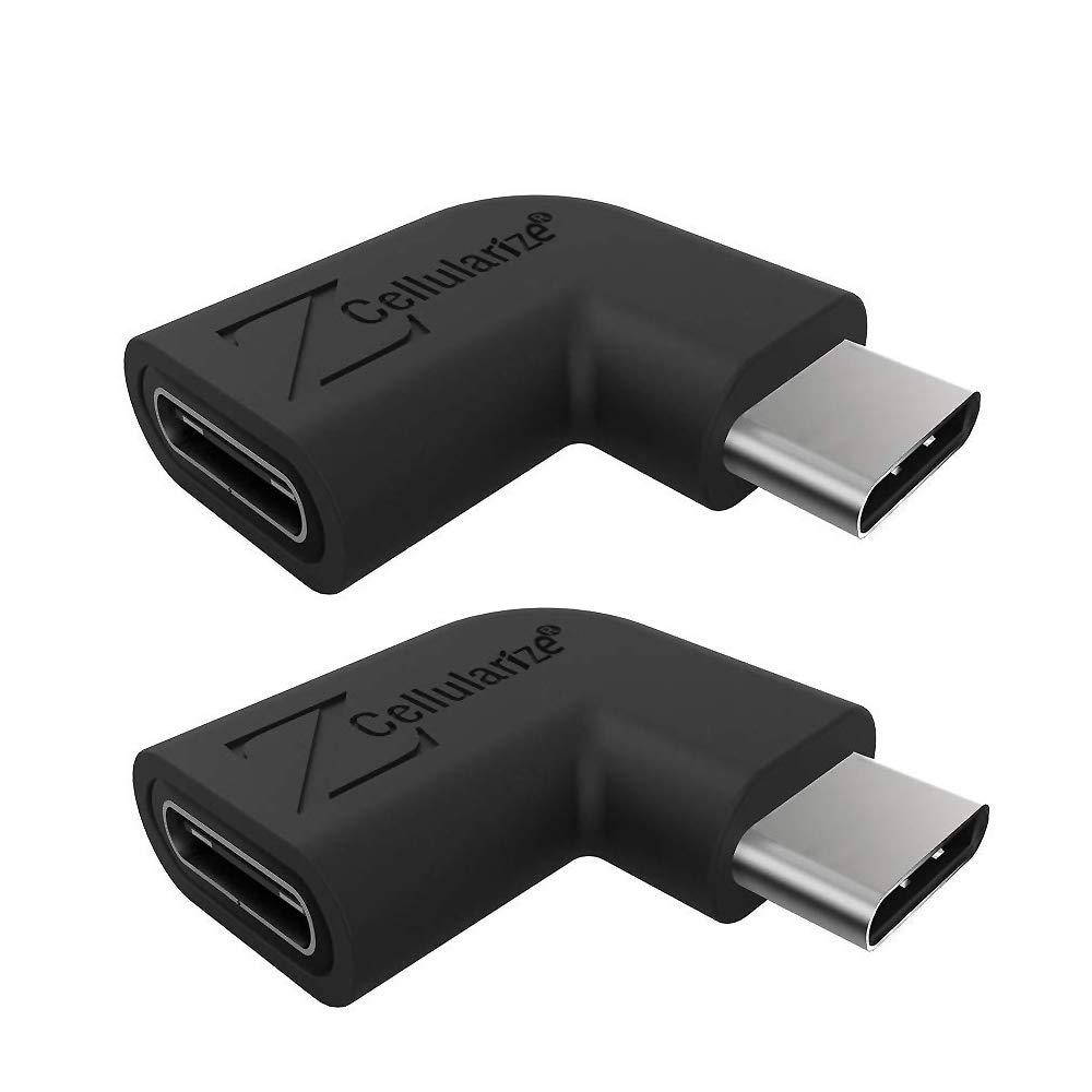 Cellularize Right Angle USB C Adapter (2 Pack, Black) Right & Left Angle 90 Degree USB 3.1 Type C Male to Female Extension Adapter (3A/10G) for Nintendo Switch, Laptop, Tablet, Mobile Phone