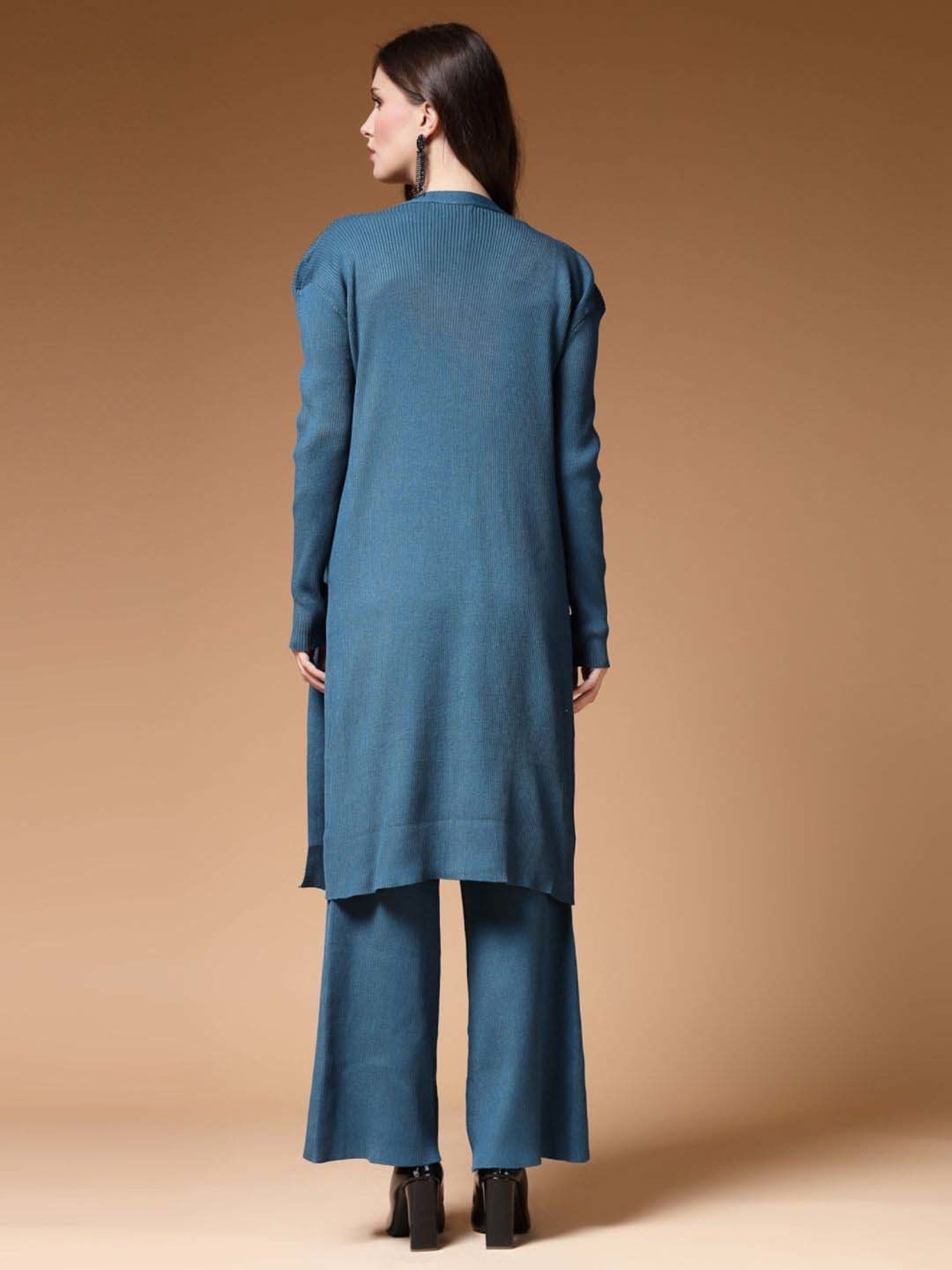 Mafadeny Teal Blue Plain Top Pants Set With Shrug