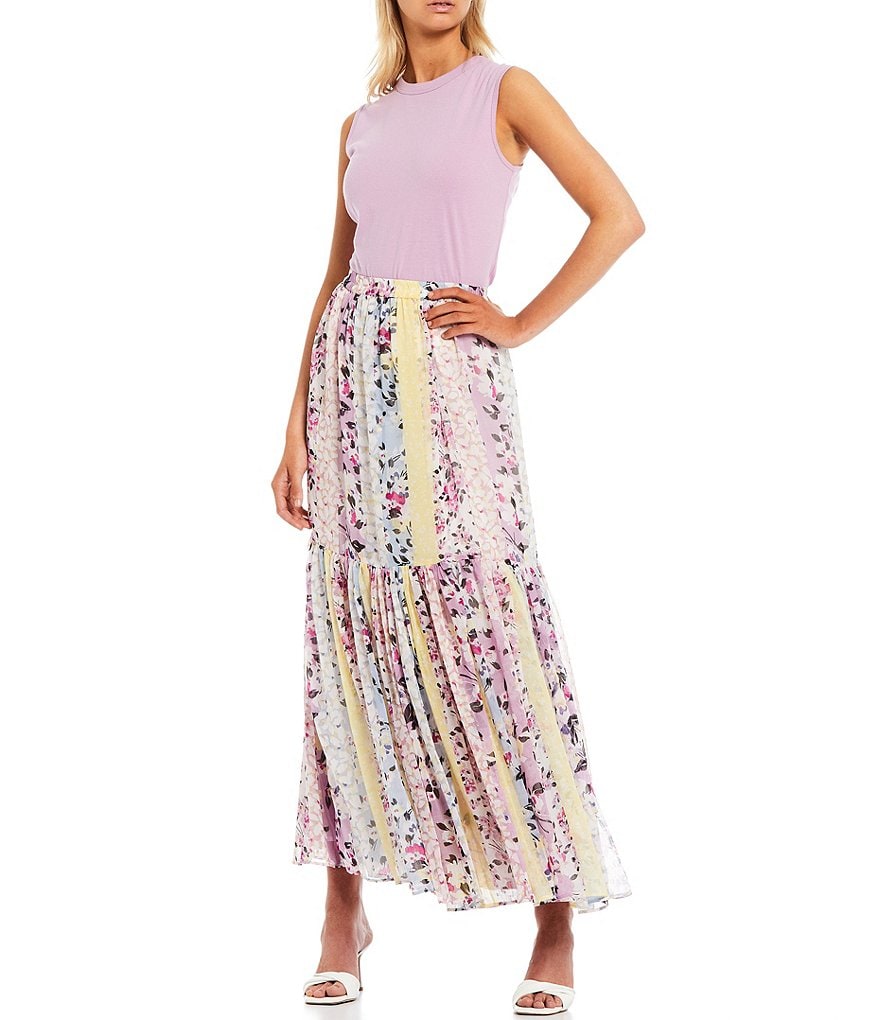 French Connection Ekeze Floral Stripe Side Slit Tiered Skirt