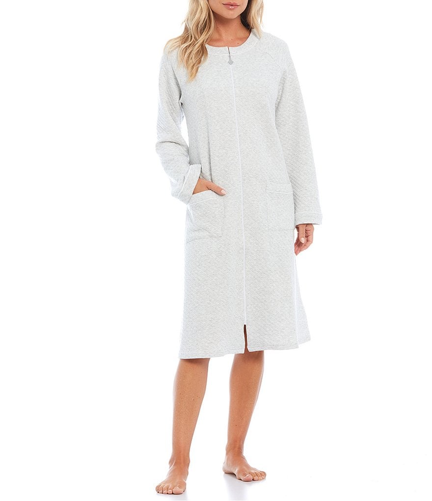 Eileen West Solid Diamond Quilt Knit Zip Front Round Neck Long Robe