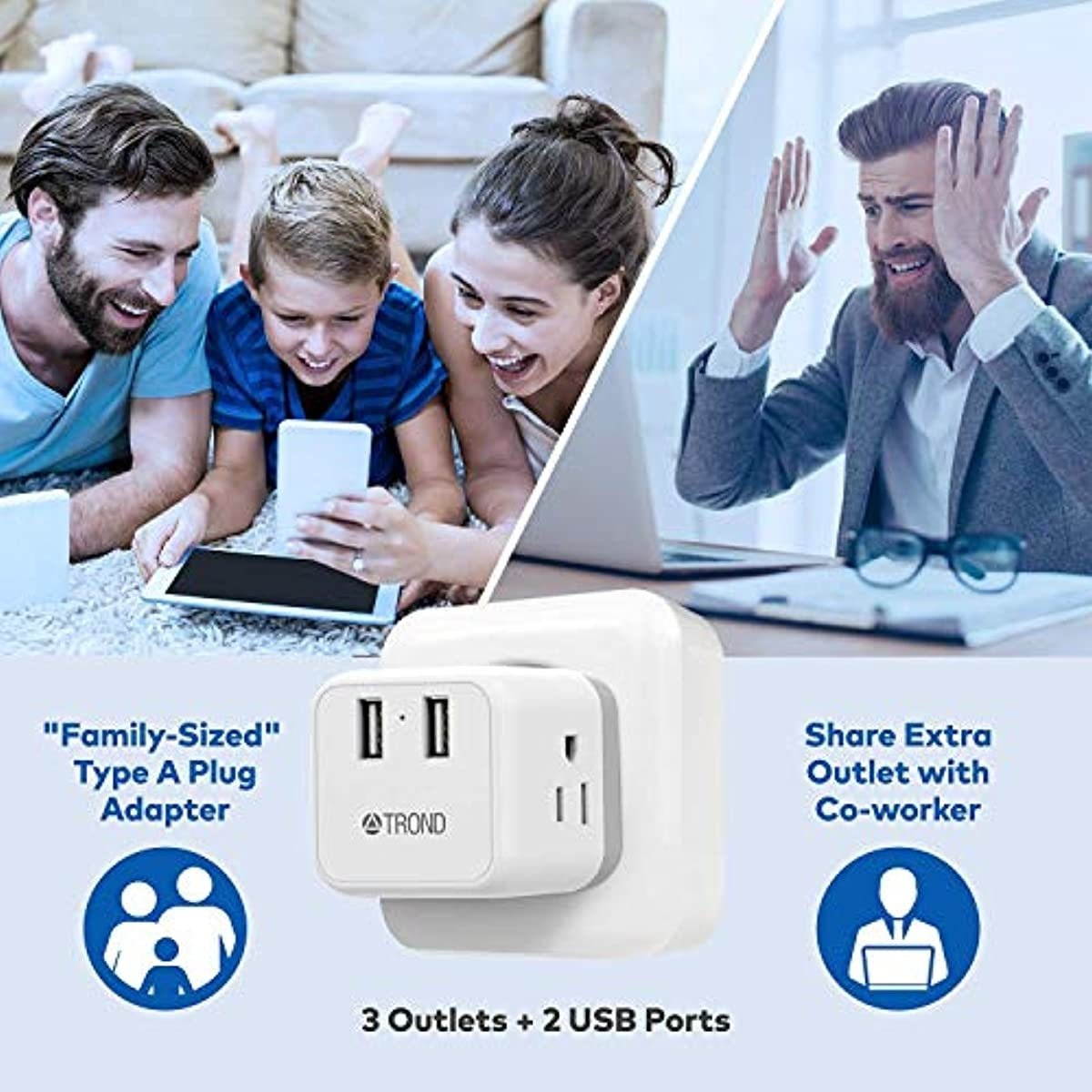 3 Prong to 2 Prong Adapter, TROND Outlet Extender Splitter Expander with 3 Grounded Outlets and 2 USB Ports, Type A Plug Extender, Travel Adapter for US to Japan, White