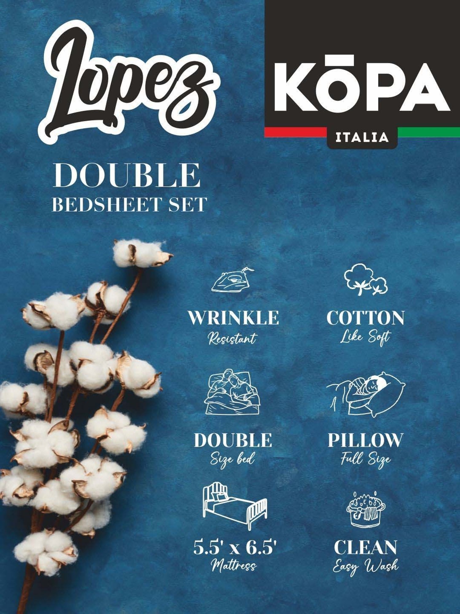 BIANCA Lopez Sea Blue Cotton 120 TC Kopa Extra Smooth Double Size Bed Sheet With Pillow covers