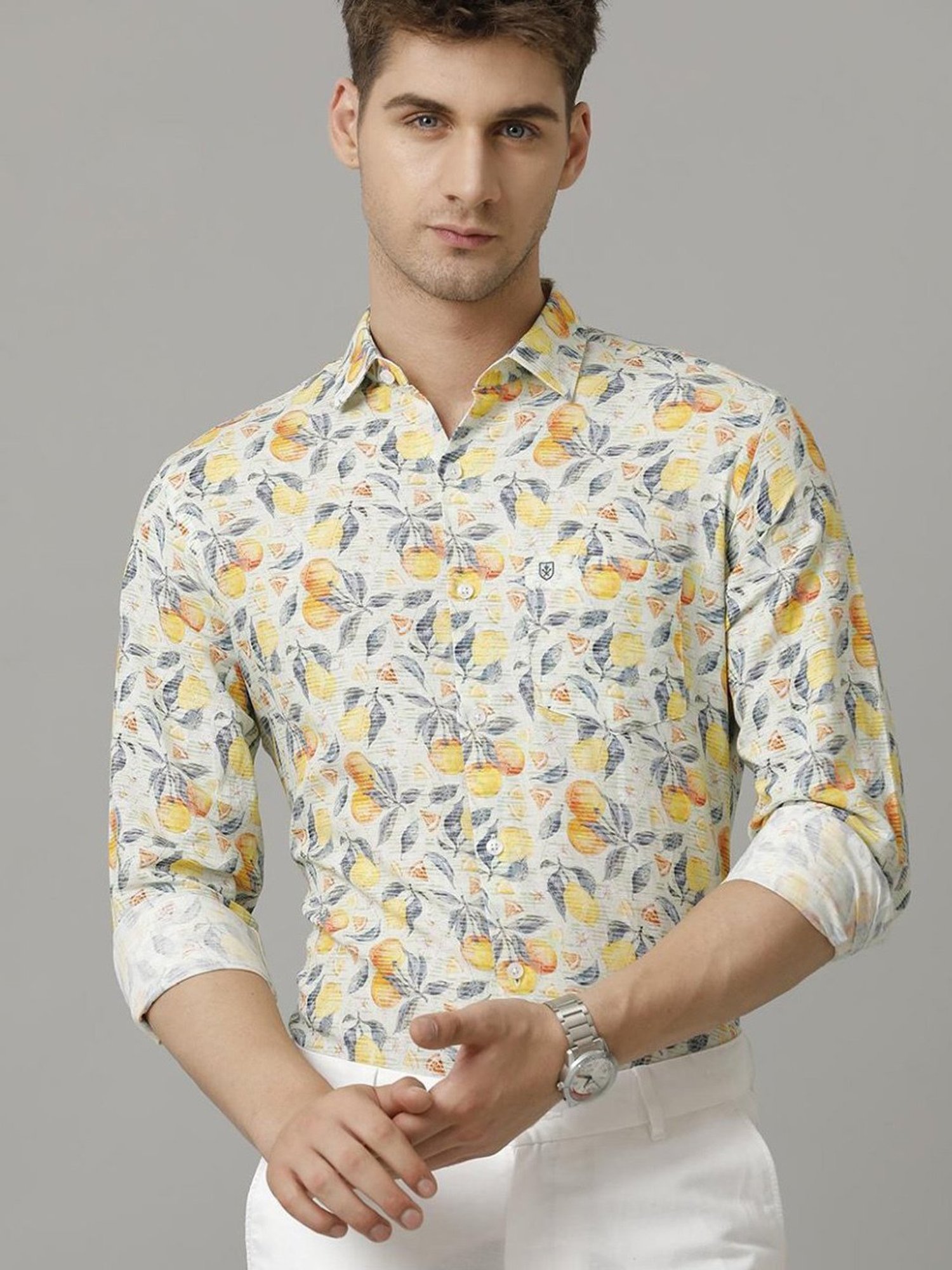 Linen Club Yellow Linen Contemporary Fit Printed Shirt
