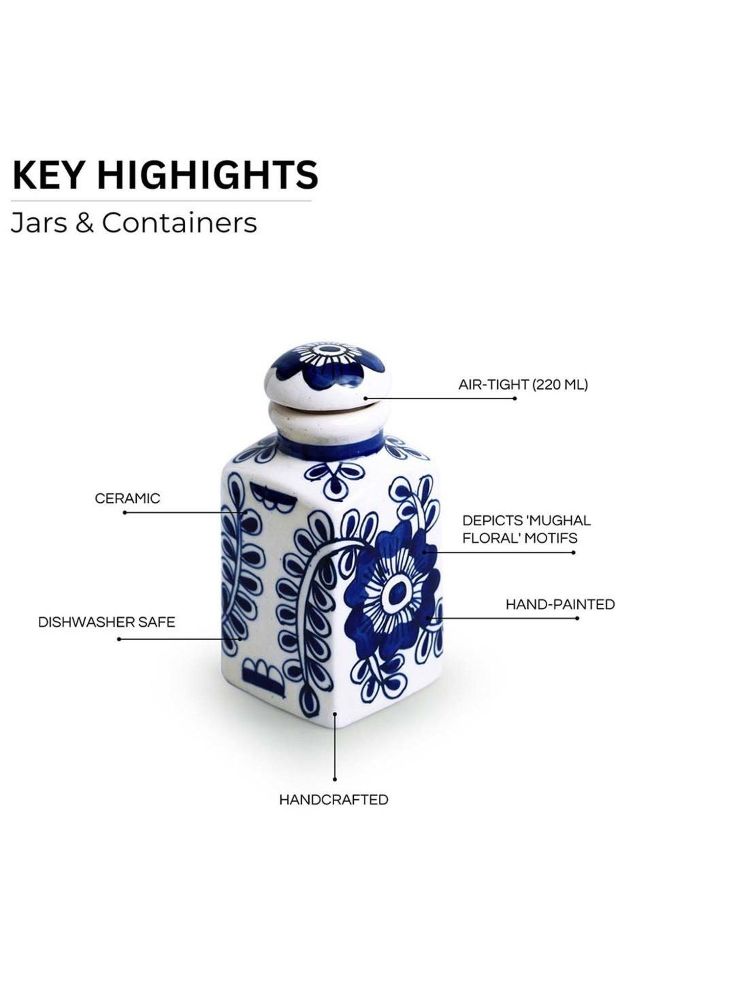 ExclusiveLane Mughal Gardens Ink Blue & White Ceramic Air-Tight Storage Container - Set of 2