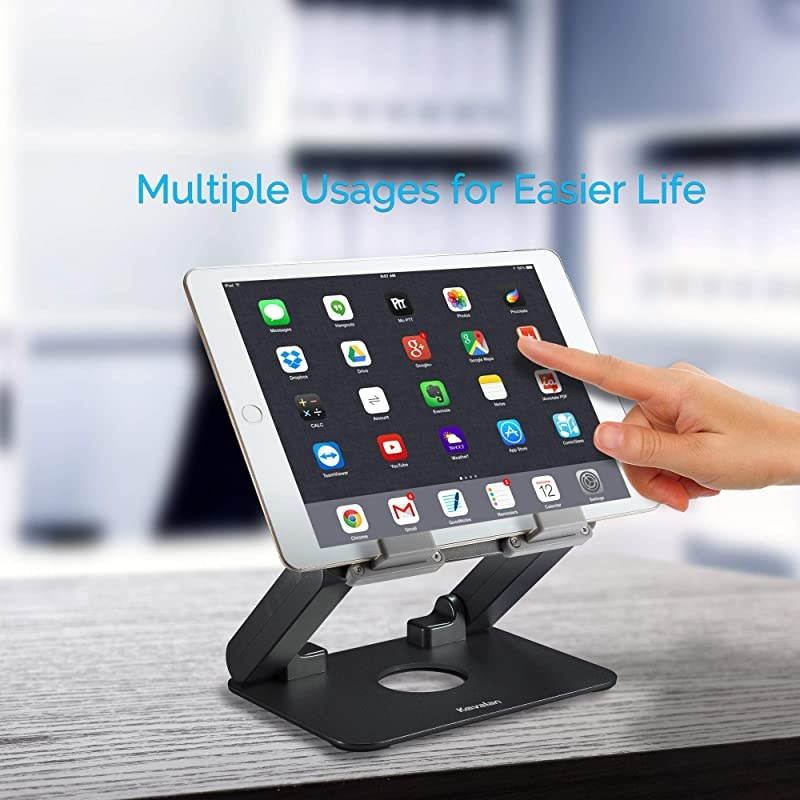 Aluminum Tablet Stand, Ergonomic Foldable Height Adjustable Tablet Riser for Desk, Compatible with Apple iPad Series, Samsung Pad, Microsoft Pad and All Tablets Laptop Cell Phone (Black)