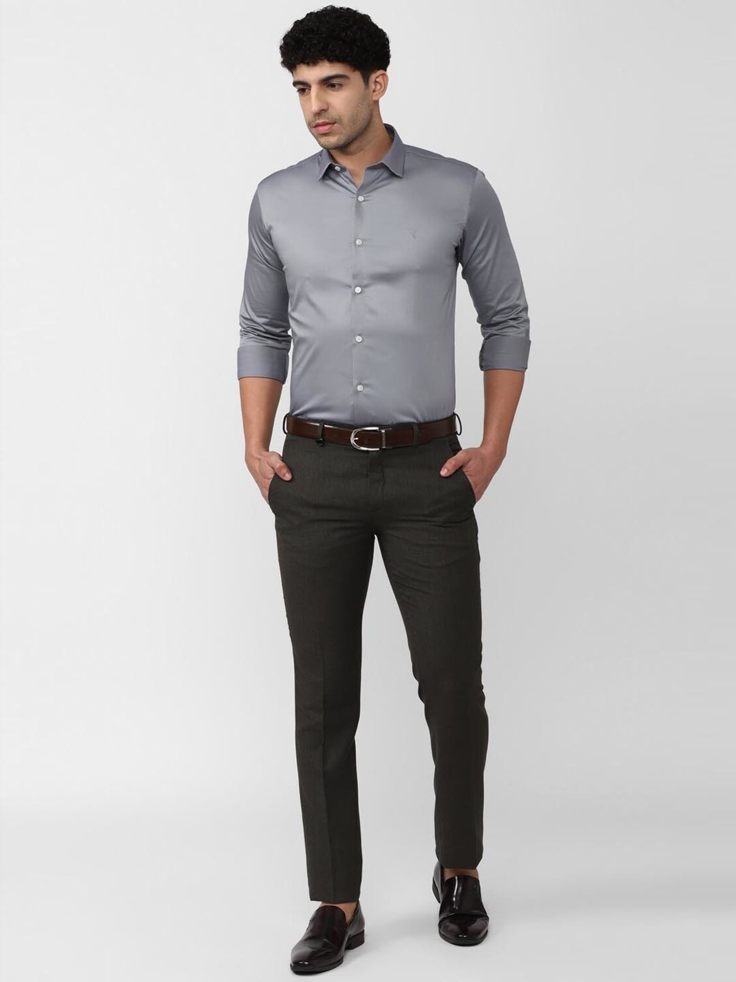 V Dot Grey Cotton Slim Fit Shirt