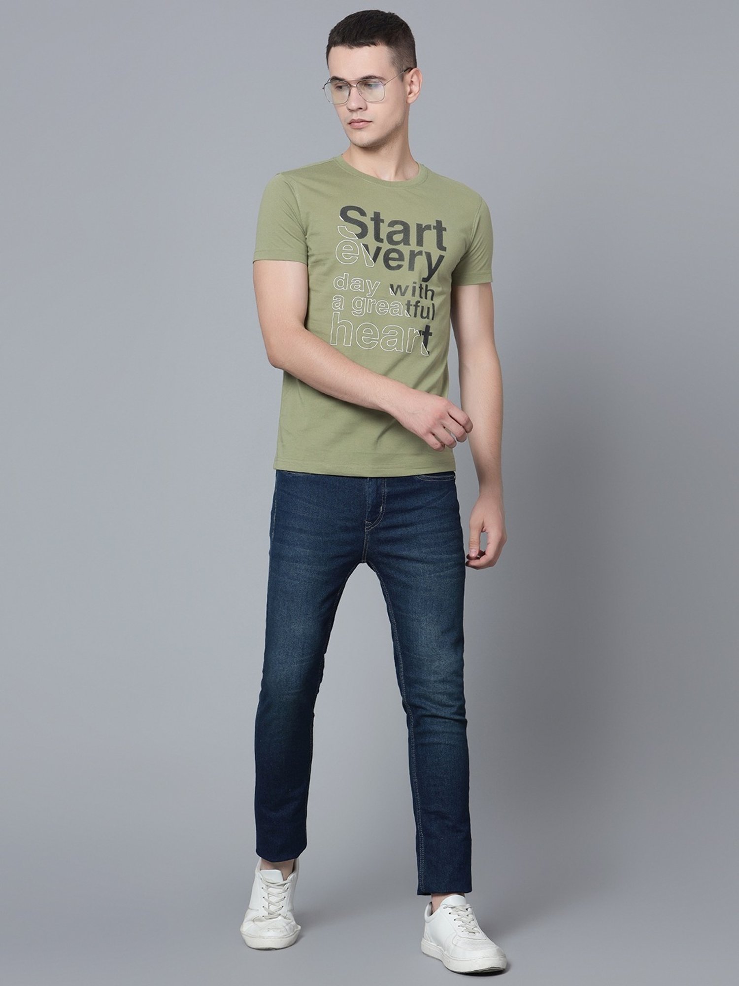 Cantabil Green Cotton Regular Fit Printed T-Shirt
