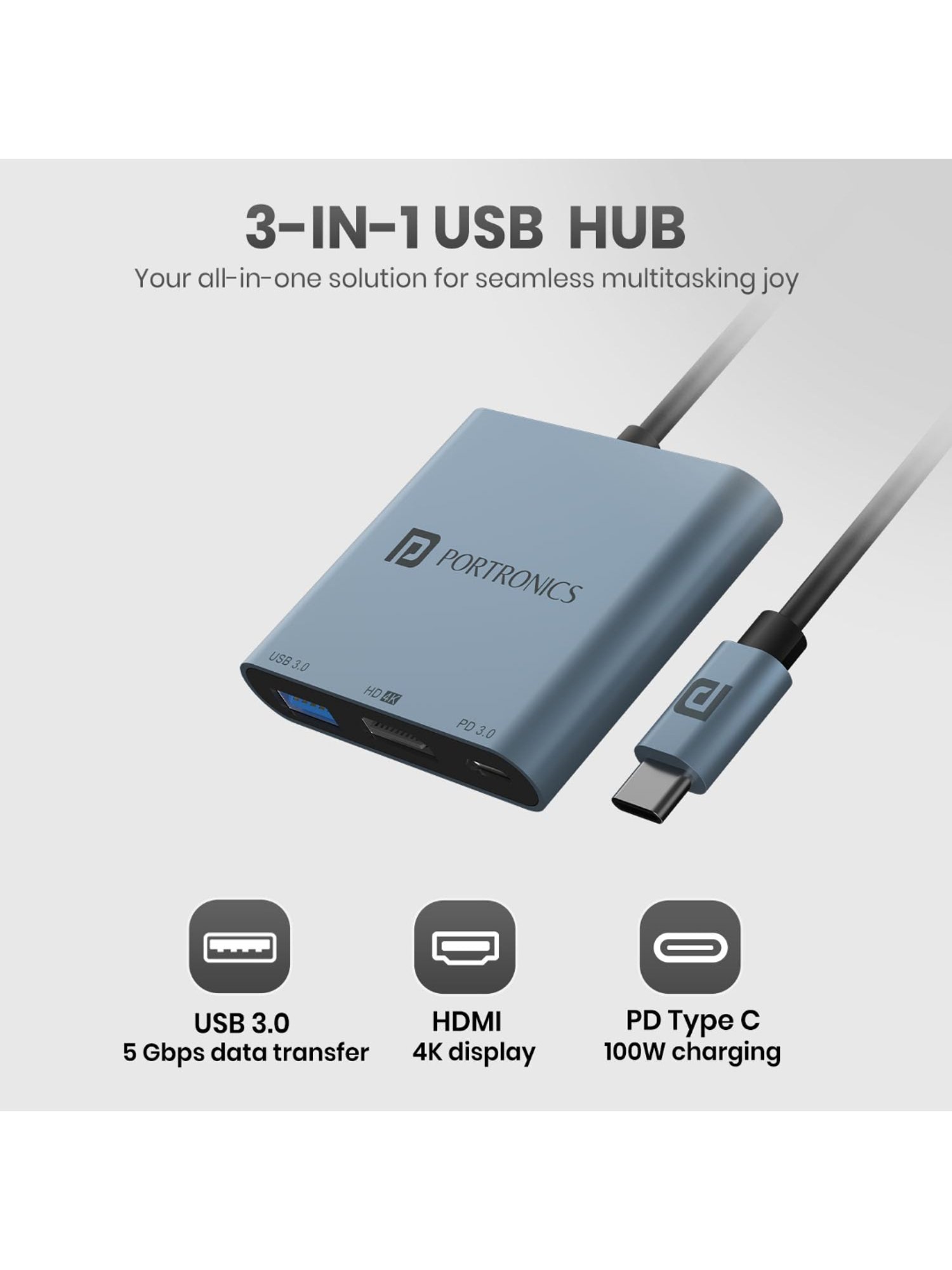 Portronics C-Konnect Plus Type-C to HDMI Adapter with 100 W PD Charging for Laptop, MacBook (Grey)