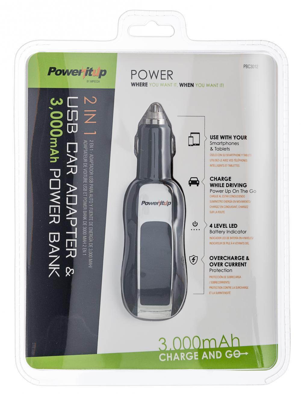 PowerItUp PBC-3012 2 in 1 USB Car Adapter & 3,000 mAh Power Bank