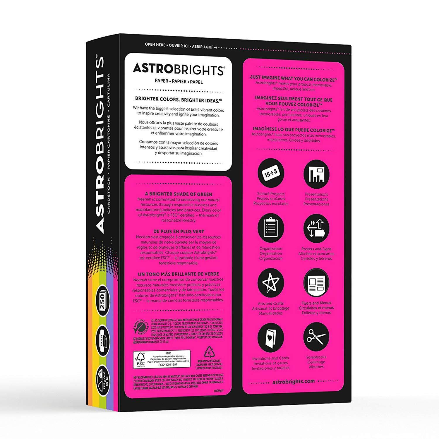 Astrobrights Colored Cardstock, 8.5" x 11", 65 lb/176 gsm,"Happy" 5-Color Assortment, 250 Sheets (21004)