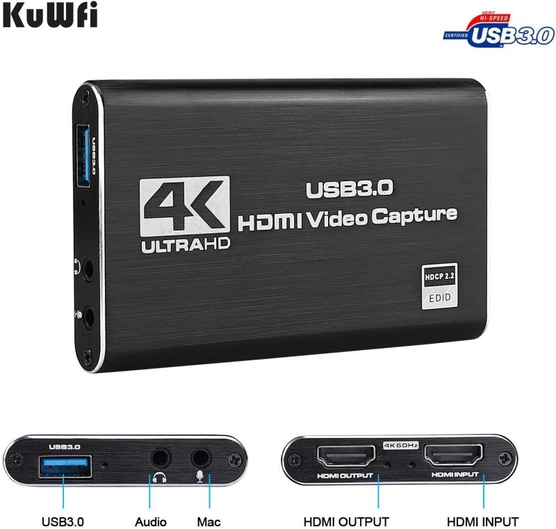 KuWFi 4K/30Hz Input 1080P Output HDMI Capture Card USB3.0 Driver-Free Game Broadcaster Microphone HD Video 1080P Recording Box