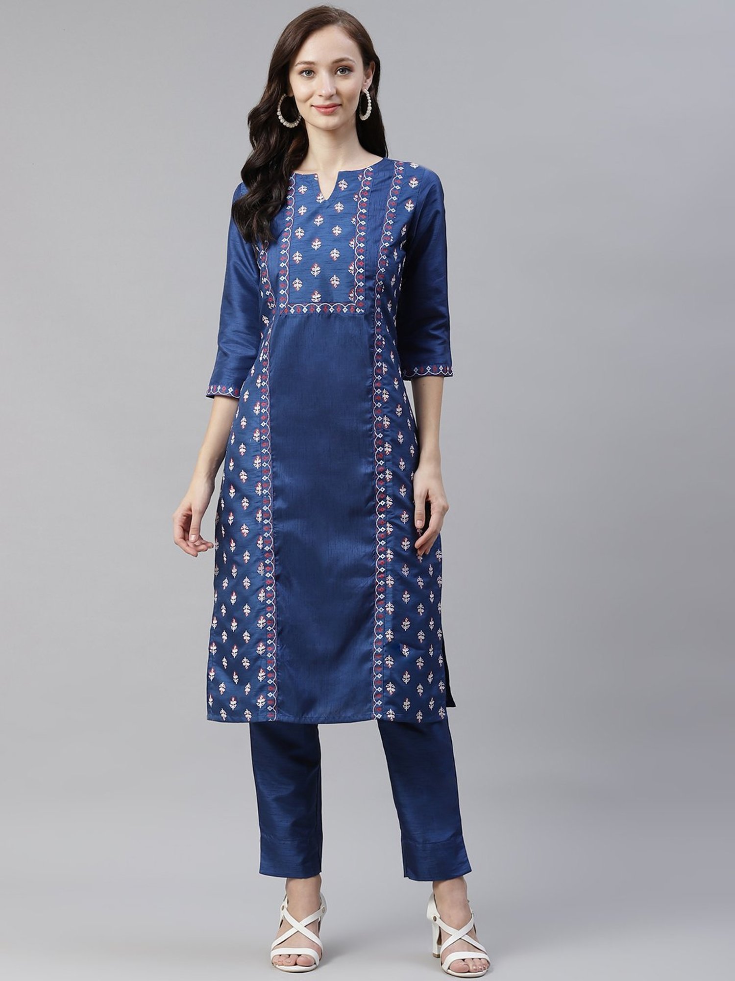 Ziyaa Blue & Gold Floral Print Kurta Pant Set