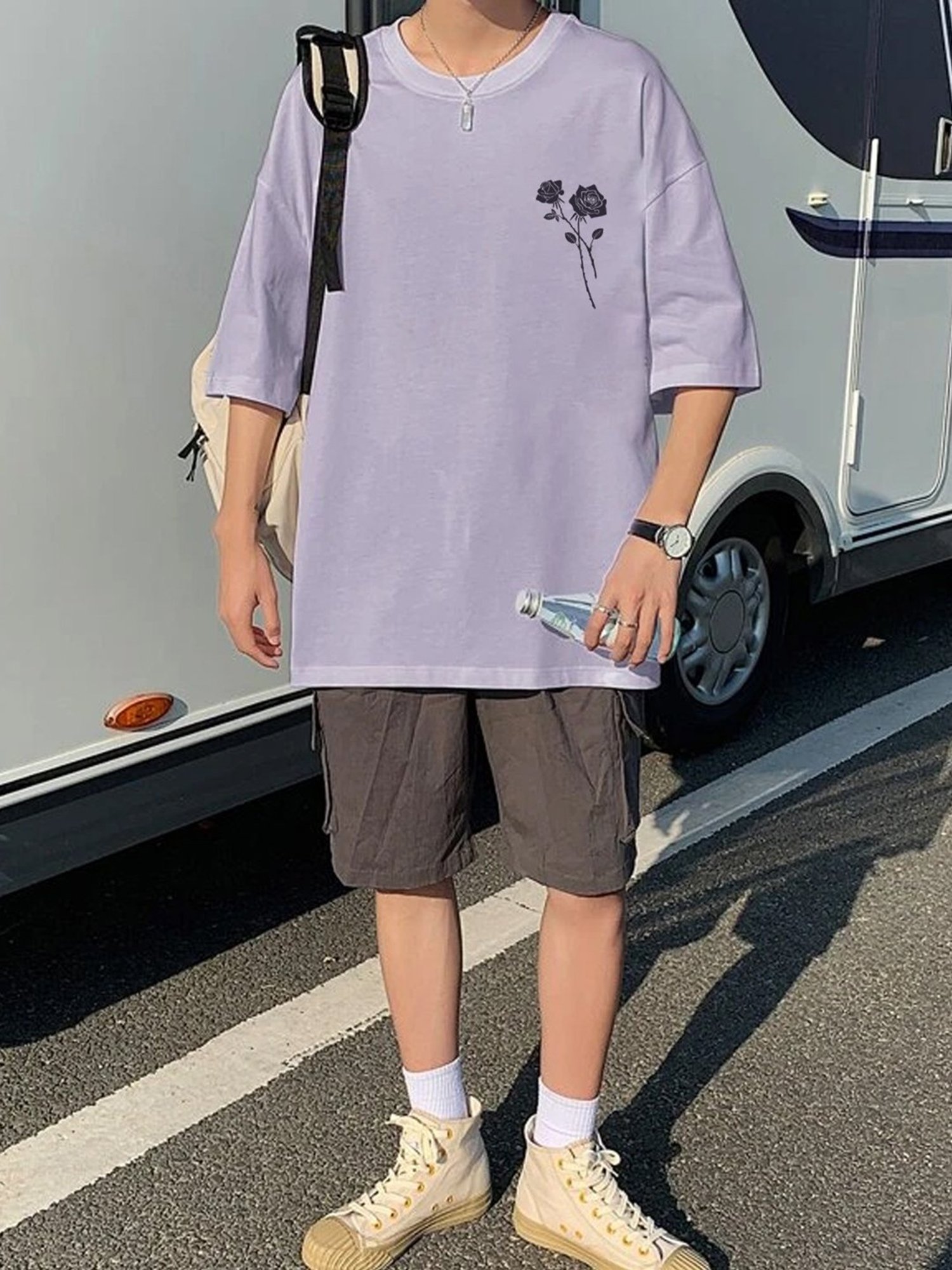 Rigo Oversized Light Purple Loose Fit Print Crew T-Shirt