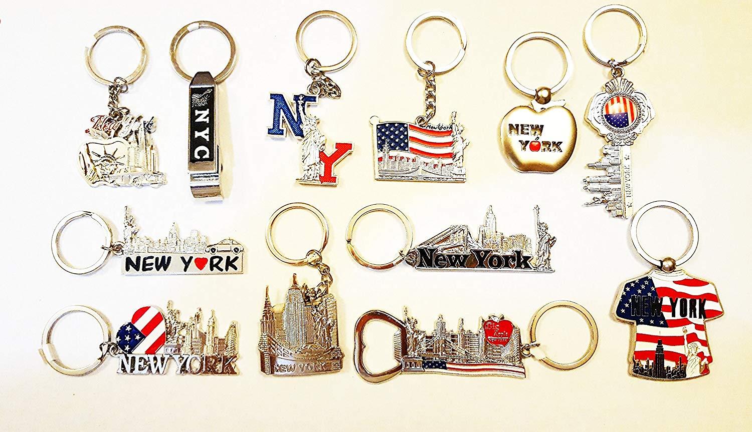 12 Metal NYC Keychains / New York City Metal Key Rings (Statue of Liberty, Empire State Building, World Trade Center)