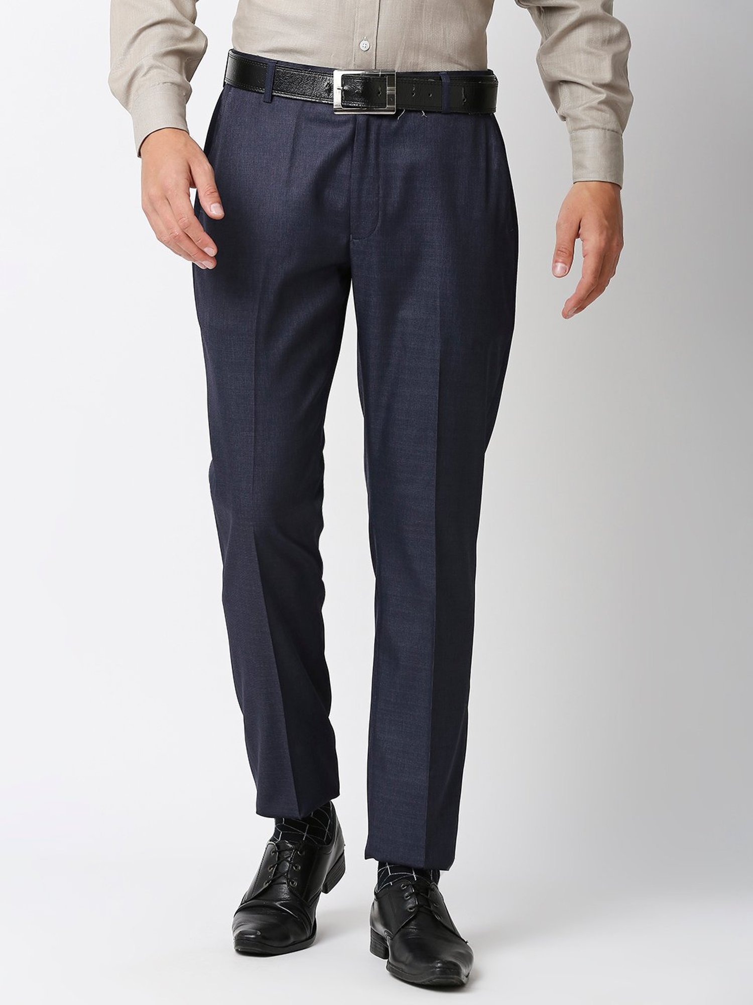 SOLEMIO Navy Regular Fit Flat Front Trousers