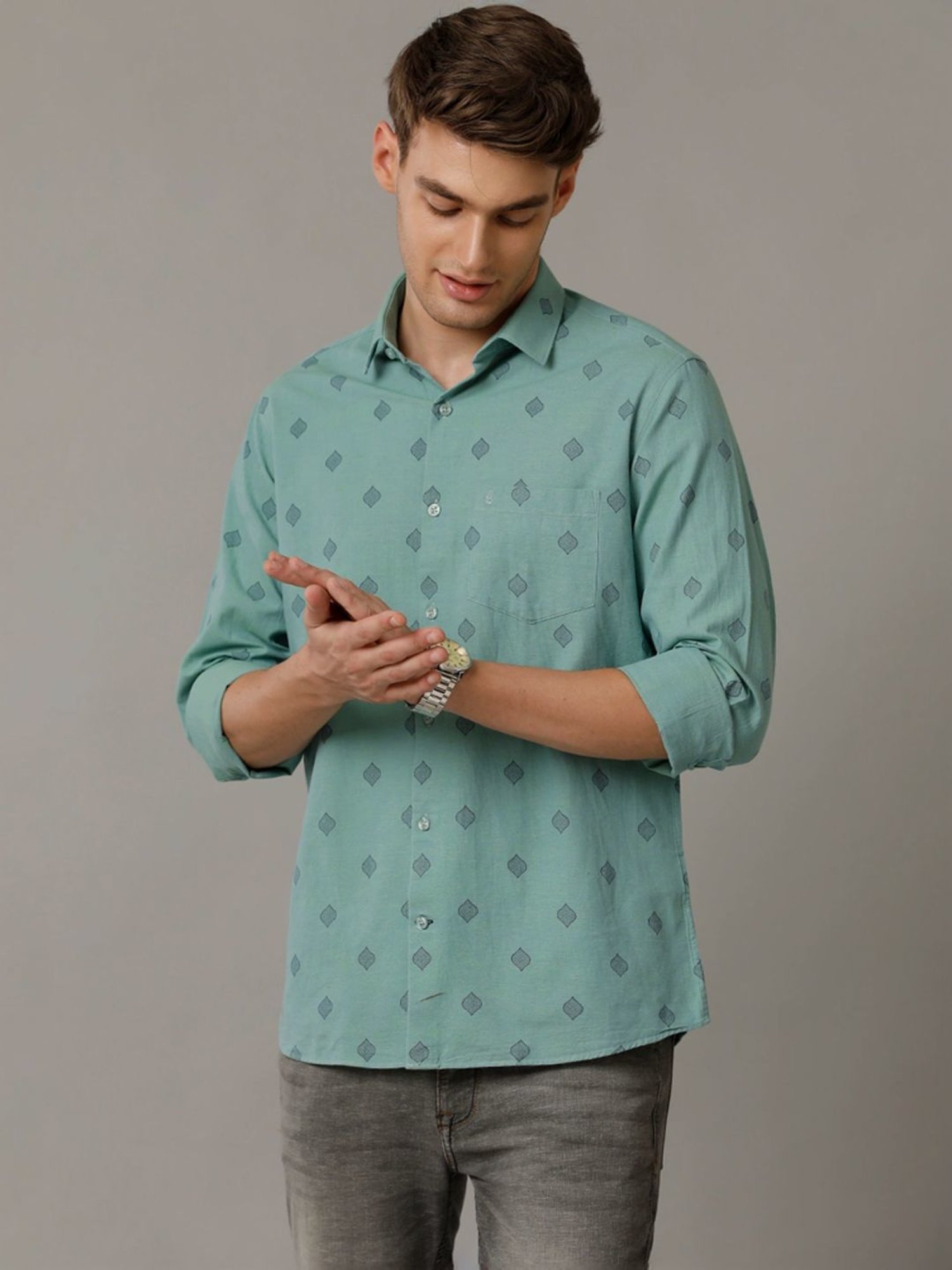 Cavallo By Linen Club Green Linen Contemporary Fit Printed Shirt