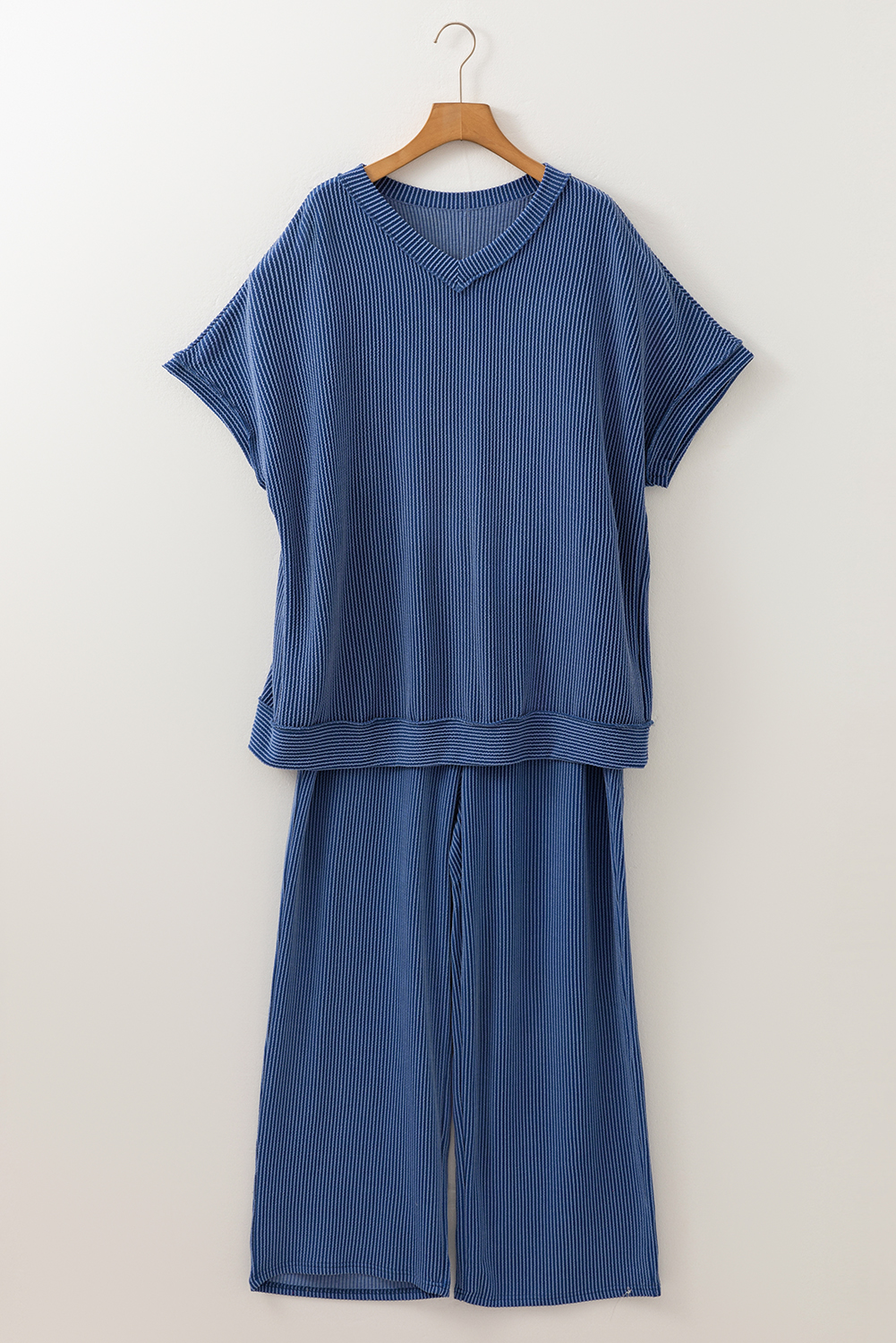 Rose Red Solid Waffle Knit Plus Size Two Piece Shorts Set