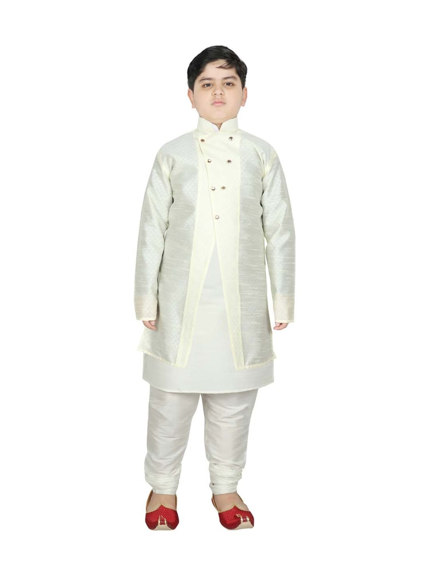 SG Yuvraj Kids Cream & White Textured Pattern Full Sleeves Kurta Set