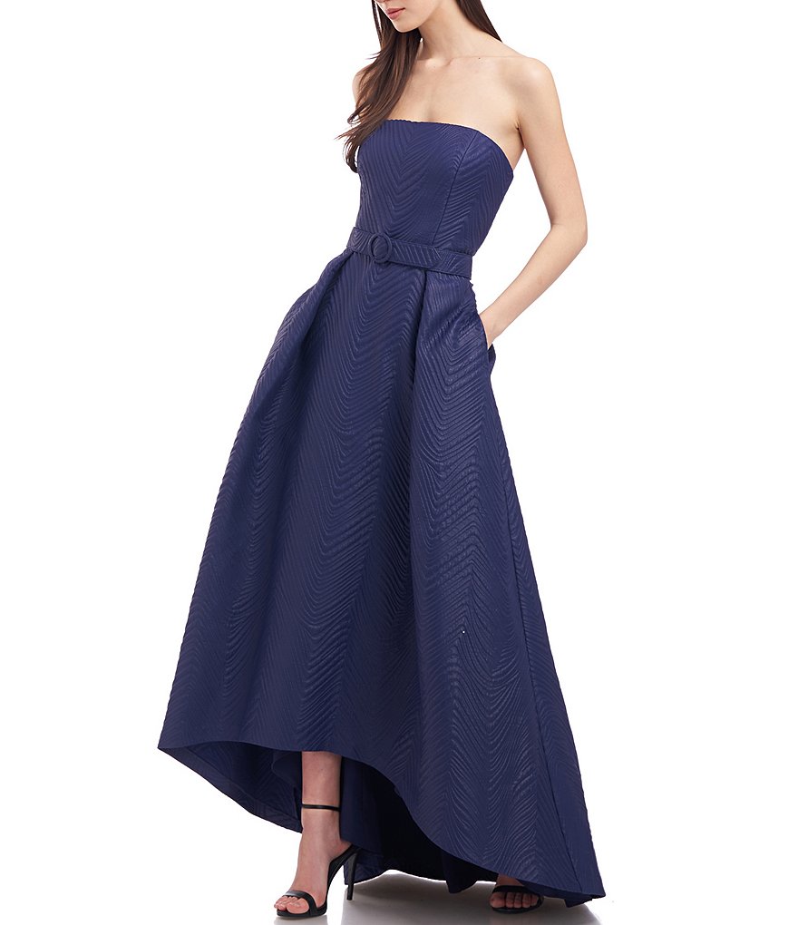 Kay Unger Strapless Belted Jacquard High-Low Gown