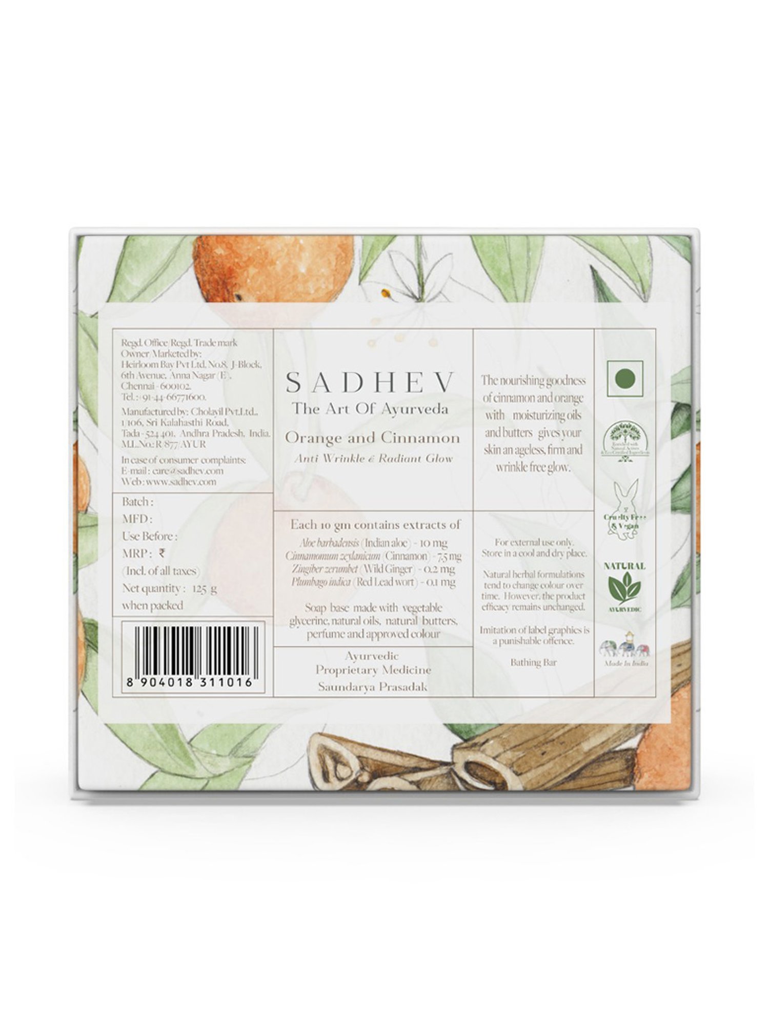 SADHEV The Art Of Ayurveda Orange & Cinnamon Soap - 125 gm