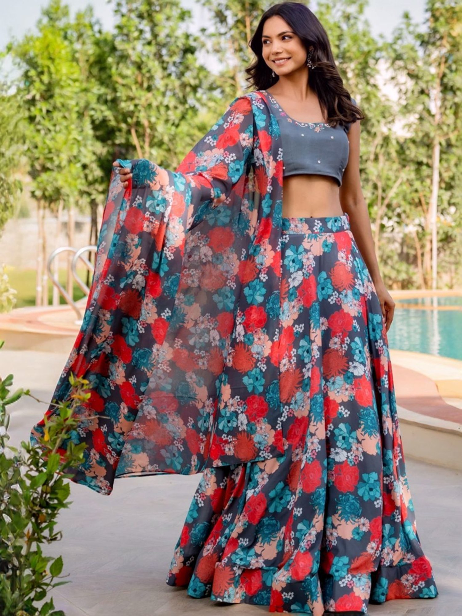 HOUSE OF JAMOTI Grey Printed Lehenga Choli Set With Dupatta