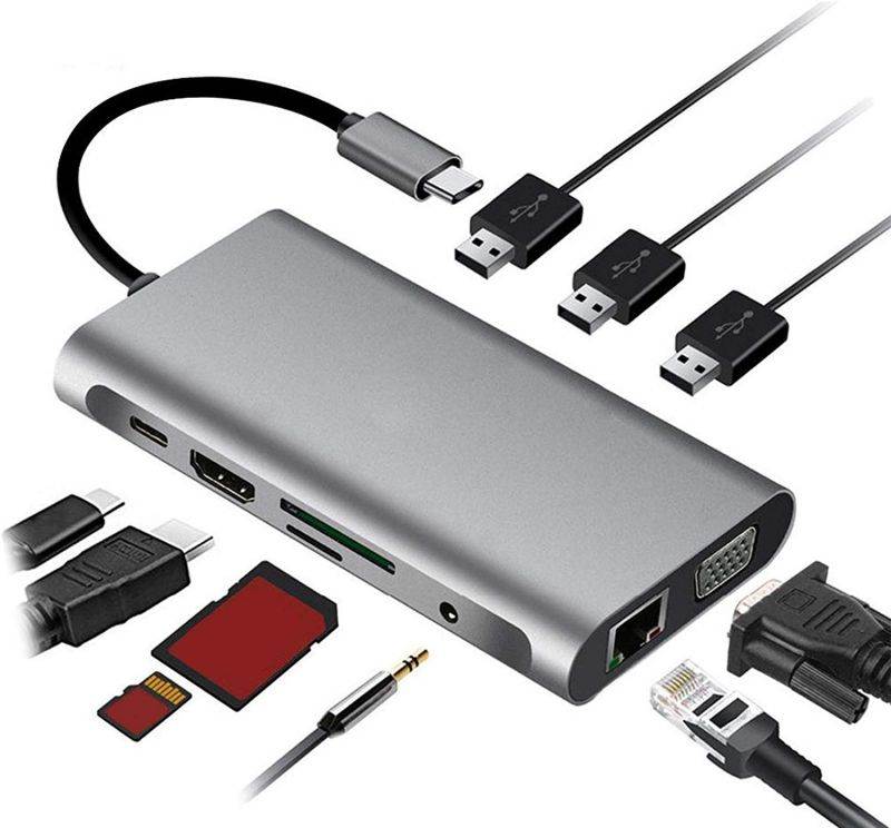 MagiDeal USB C Hub Adapter - 10 in 1 Portable Dongle with 4K HDMI Output, 3 USB 3.0 Ports, SD/TF Card Reader Compatible for MacBook Pro, More Type C Devices