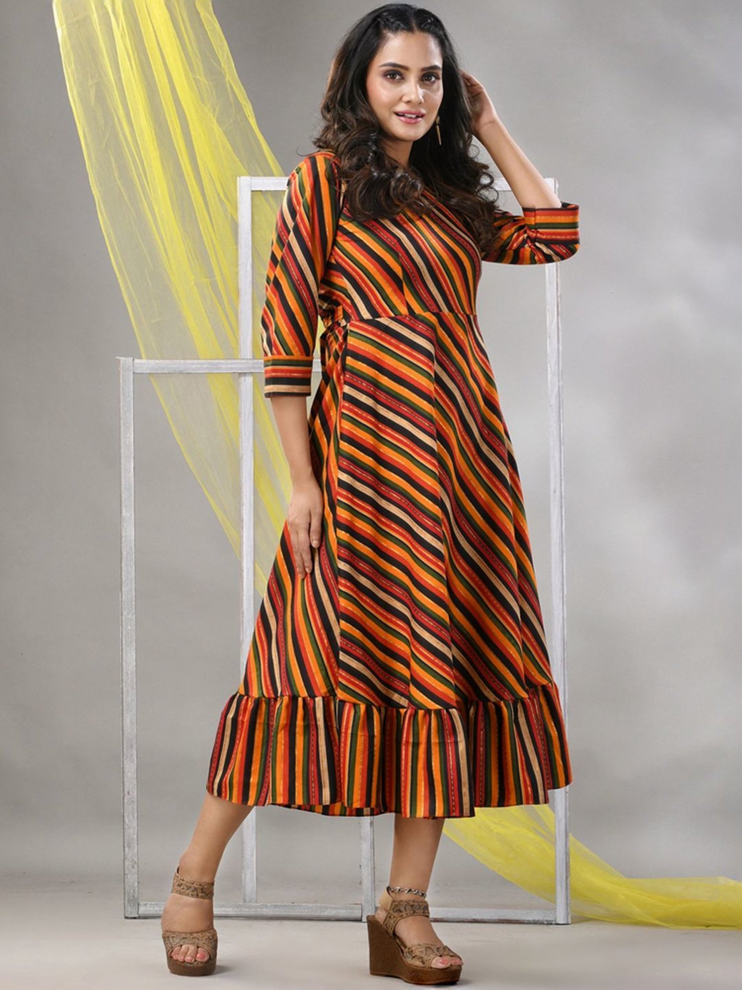 CHARUKRITI Multicolored Striped A-Line Dress