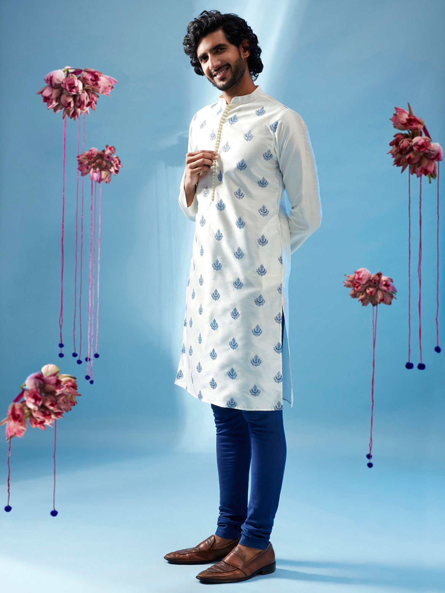 KISAH White & Blue Regular Fit Embroidered Kurta & Churidar Set