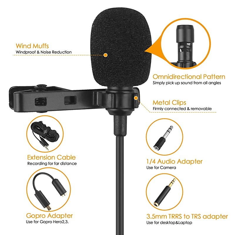 Lapel Microphone Kit Clip on Omnidirectional Lav Mic for iPhone Ipad DSLR Camcorder Zoom PC MacBook Android SmartphonesLapel Mic for YouTube Streaming Video Recording