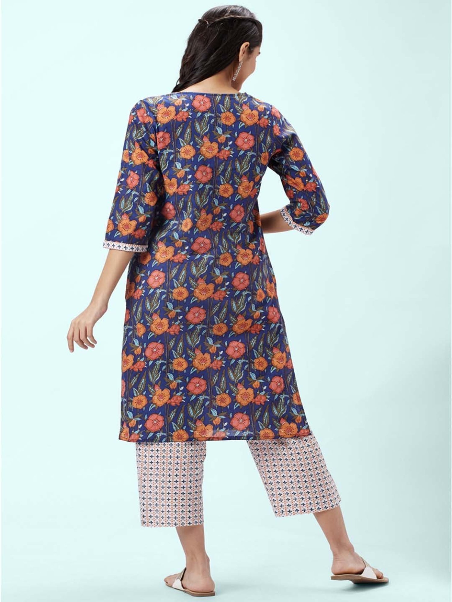 Rangmanch by Pantaloons Blue Cotton Floral Print Kurta Palazzo Set