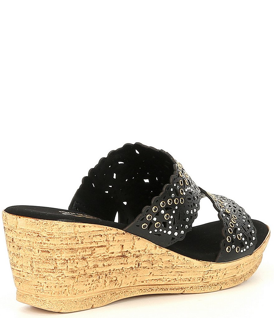 Onex Theresa Leather Perforated Studded Cork Wedge Slides