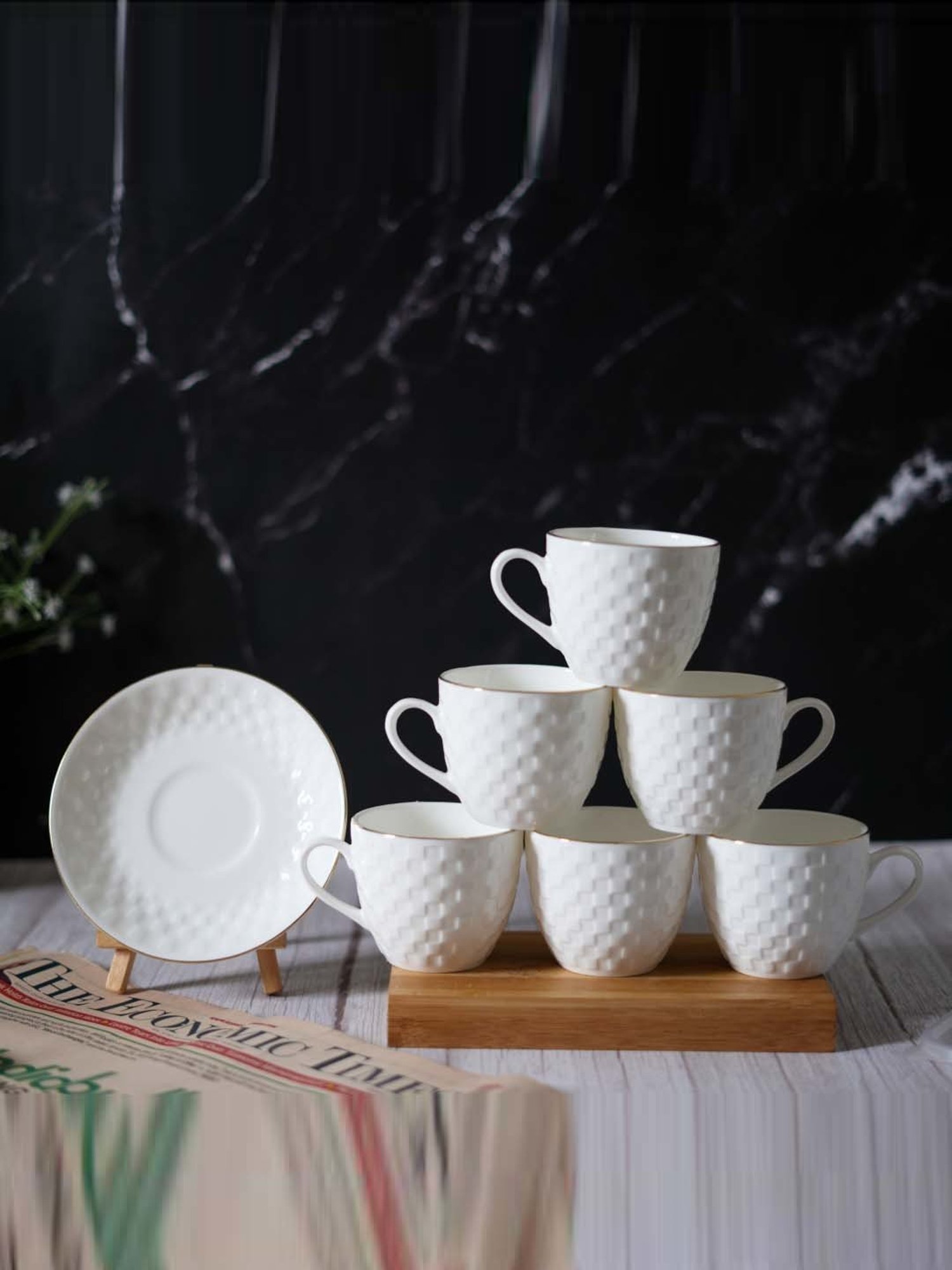 Femora White Ceramic 6-Piece Cup & 6-Piece Saucer Set