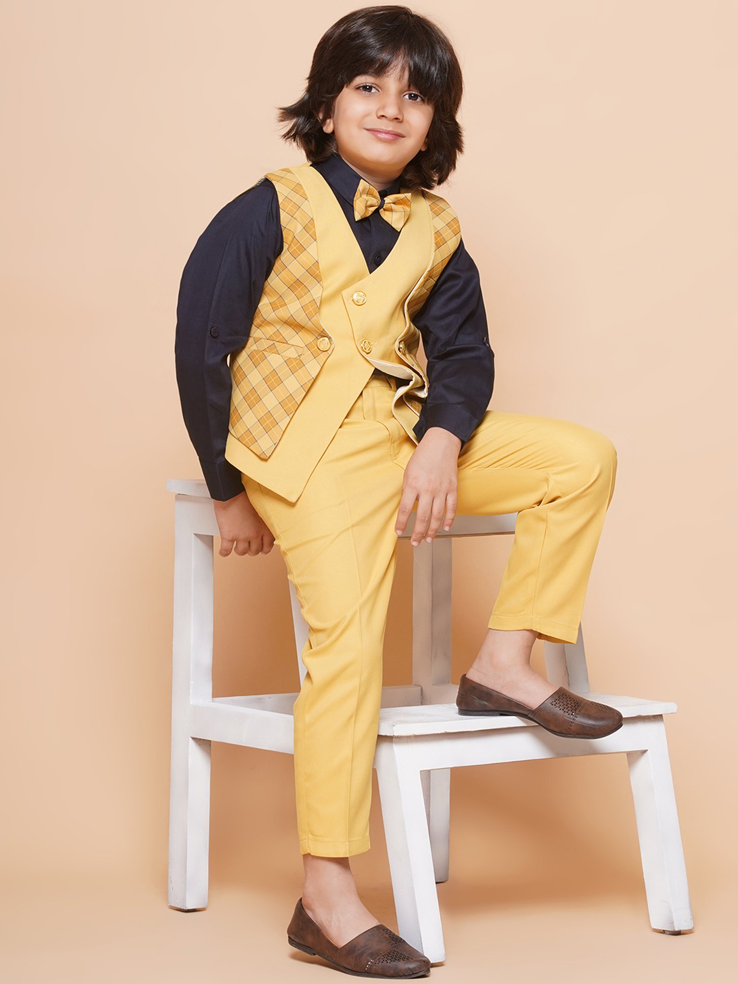 AJ Dezines Kids Yellow & Black Checks Full Sleeves Shirt, Pants, Waistcoat with Bow Tie