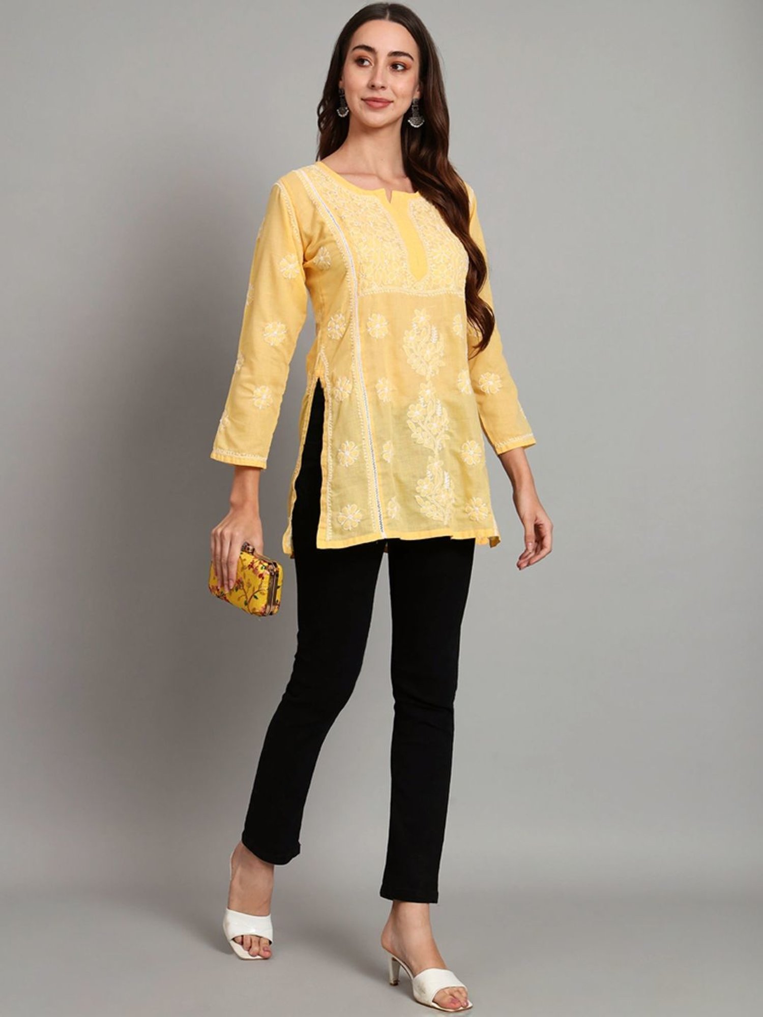 PARAMOUNT CHIKAN Citrine Yellow Cotton Hand Embroidered Chikankari Straight Kurti