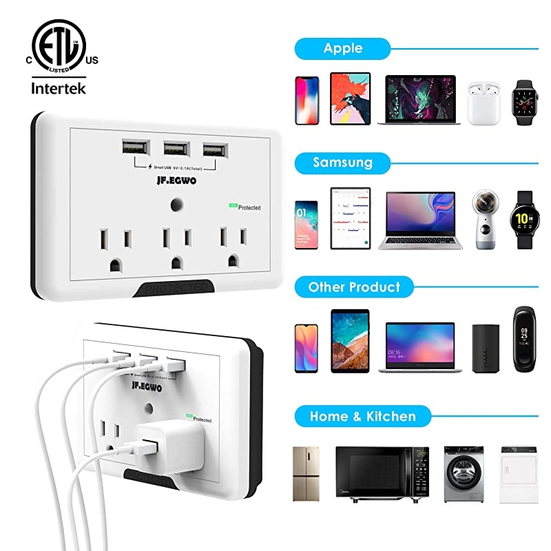 Multi Plug 3 Outlet 3 USB Wall Mount Adapter 1700 Joules Surge Protector Wall Outlet Plug Extender USB Charging Station White USB Plug by  ETL Certified
