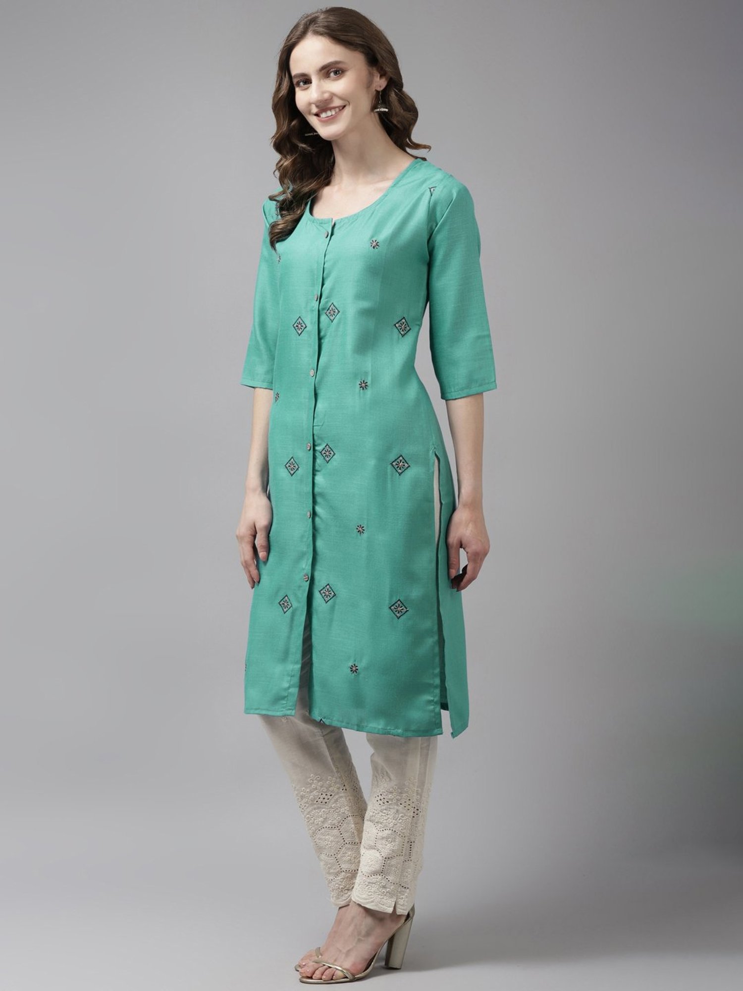Aarika Blue Cotton Embroidered Straight Kurta